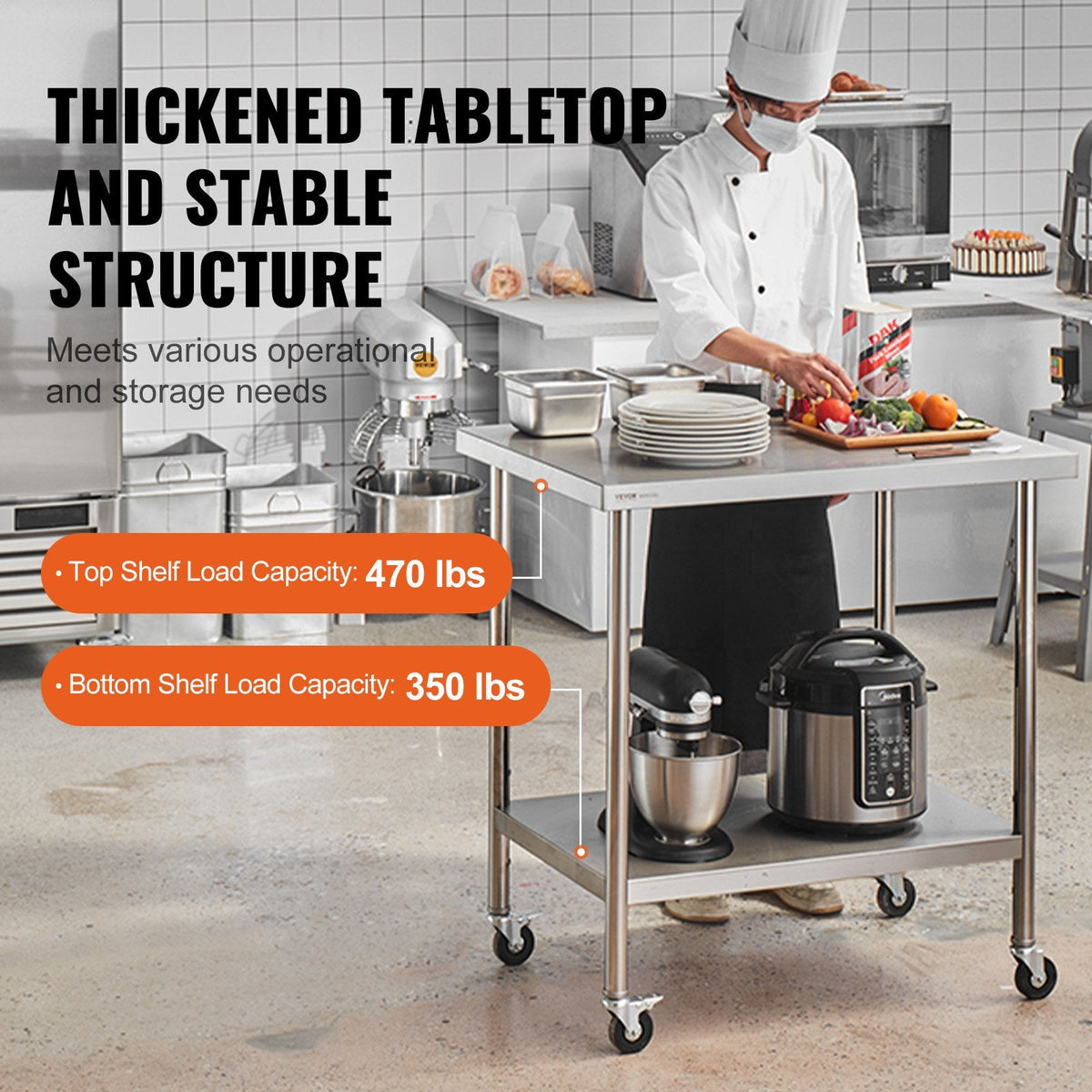 VEVOR Stainless Steel Work Table 30 x 36 x 38 Inch, with 4 Wheels, 3