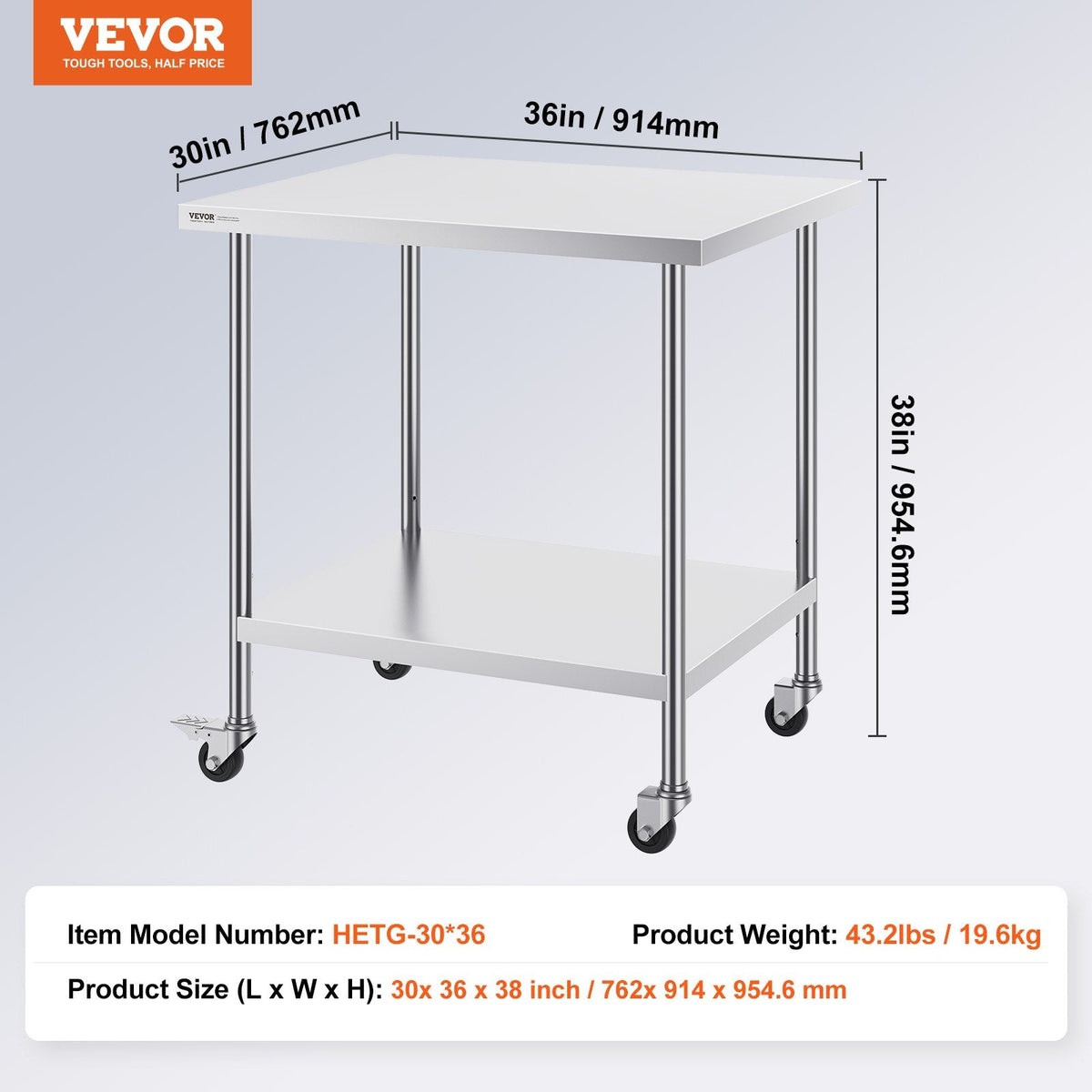 VEVOR Stainless Steel Work Table 30 x 36 x 38 Inch, with 4 Wheels, 3