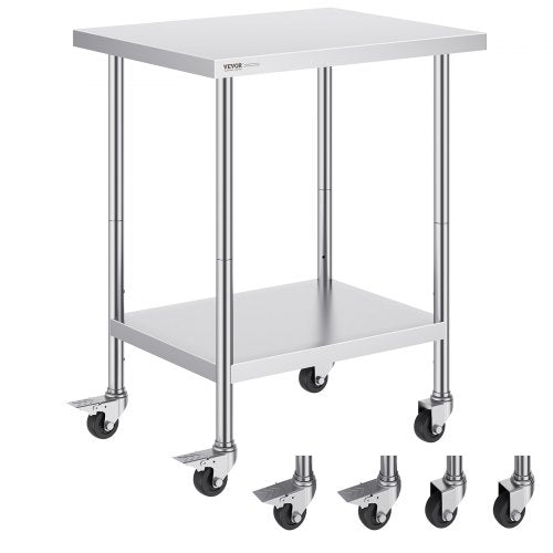 VEVOR Stainless Steel Work Table 24 x 30 x 38 Inch, with 4 Wheels, 3