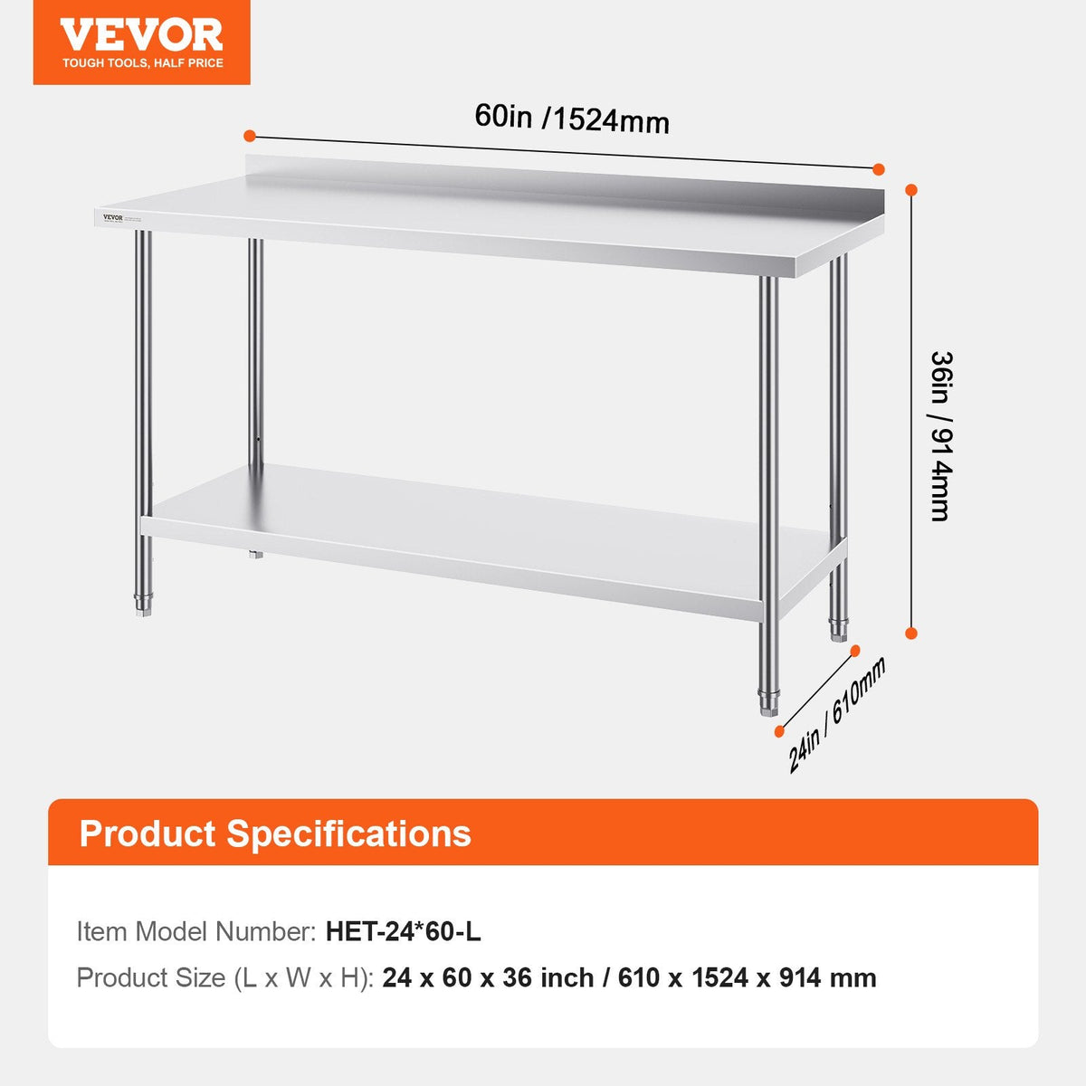 VEVOR 24 x 60 x 36 Inch Stainless Steel Work Table, Commercial Food