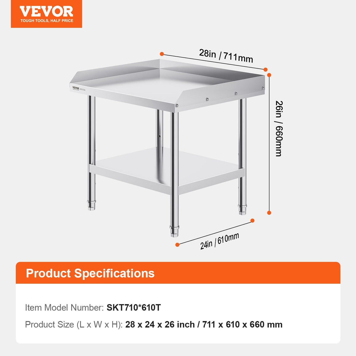 VEVOR Stainless Steel Work Table, 24 x 28 x 26 Inch Commercial Food