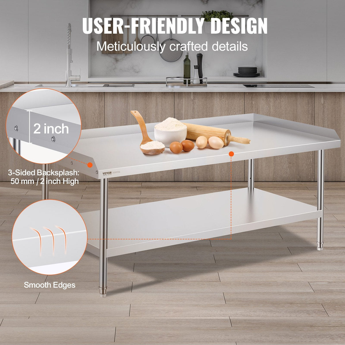 VEVOR Stainless Steel Work Table, 30 x 60 x 26 Inch Commercial Food