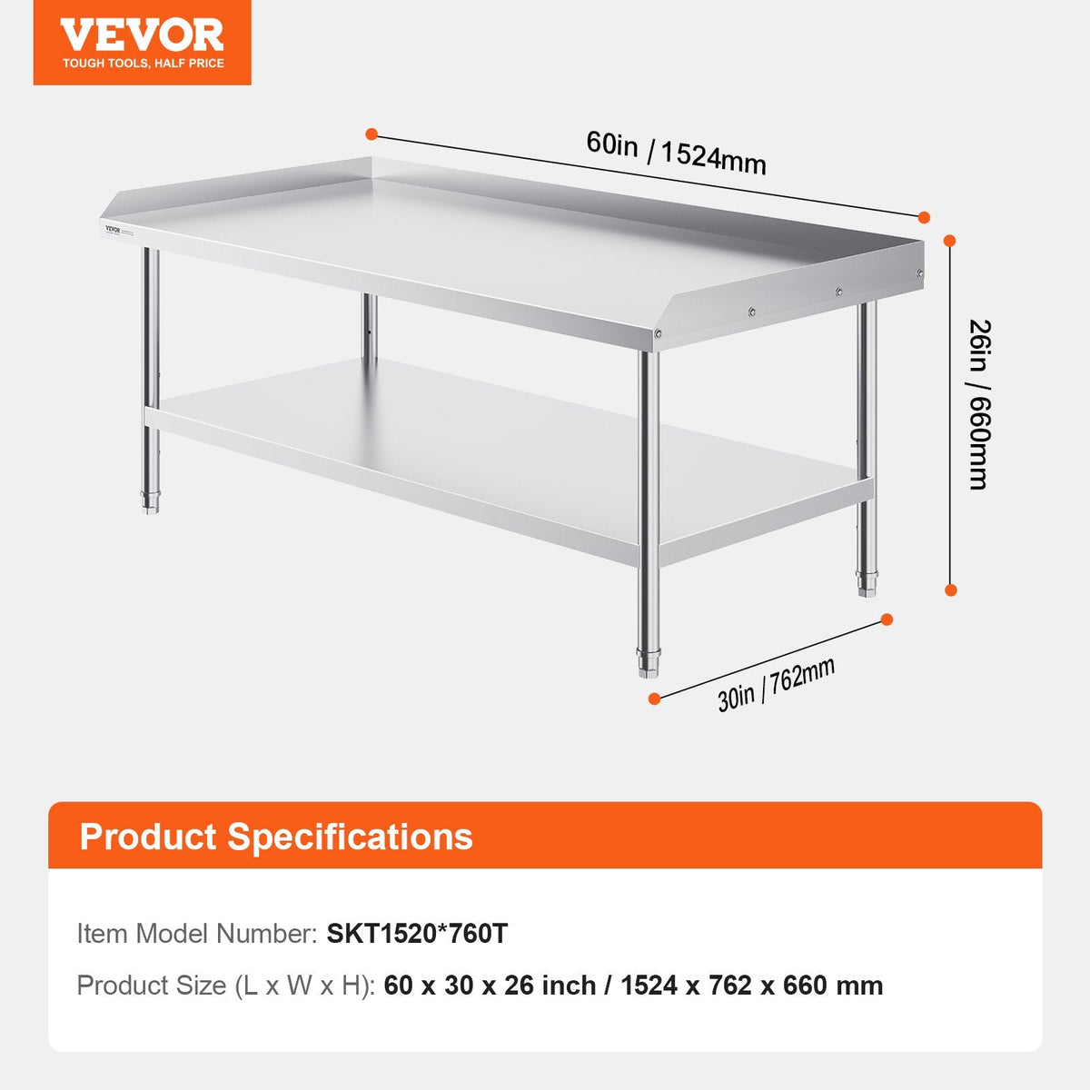 VEVOR Stainless Steel Work Table, 30 x 60 x 26 Inch Commercial Food