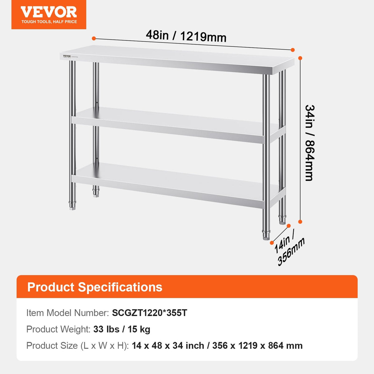 VEVOR Stainless Steel Food Prep Table Commercial Kitchen Work Table
