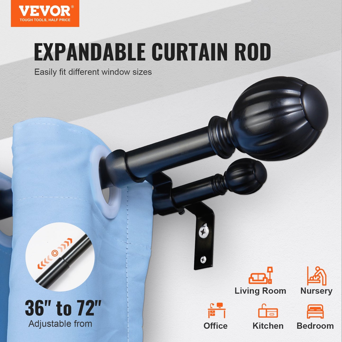 Double Rod Curtain Rods, 91.4-182.9 cm Adjustable Length, Black Double