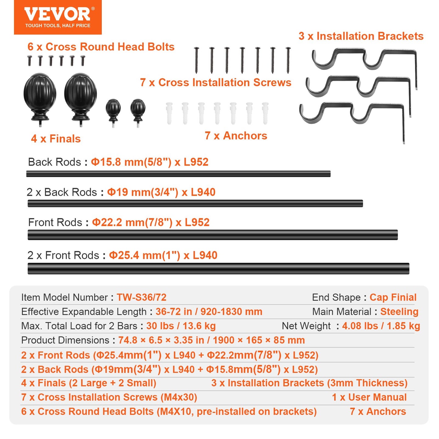 Double Rod Curtain Rods, 91.4-182.9 cm Adjustable Length, Black Double
