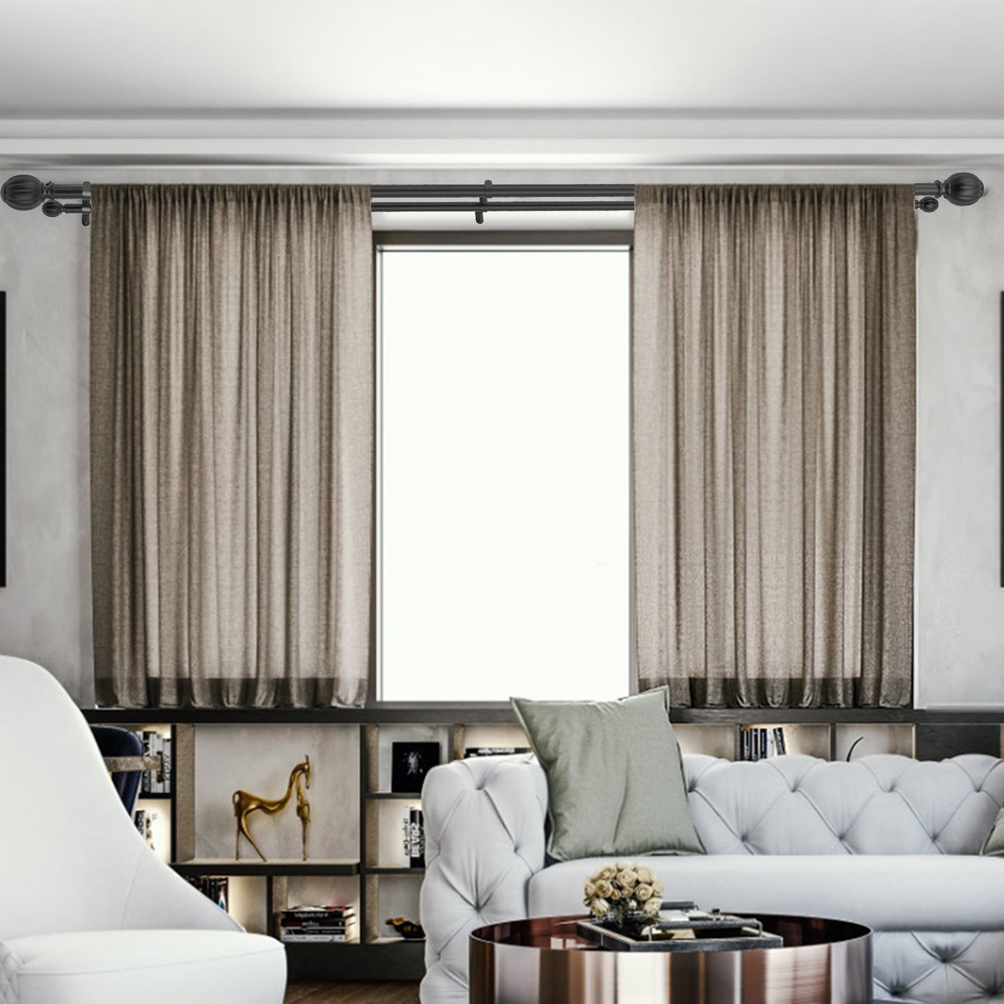 Double Rod Curtain Rods, 91.4-182.9 cm Adjustable Length, Black Double
