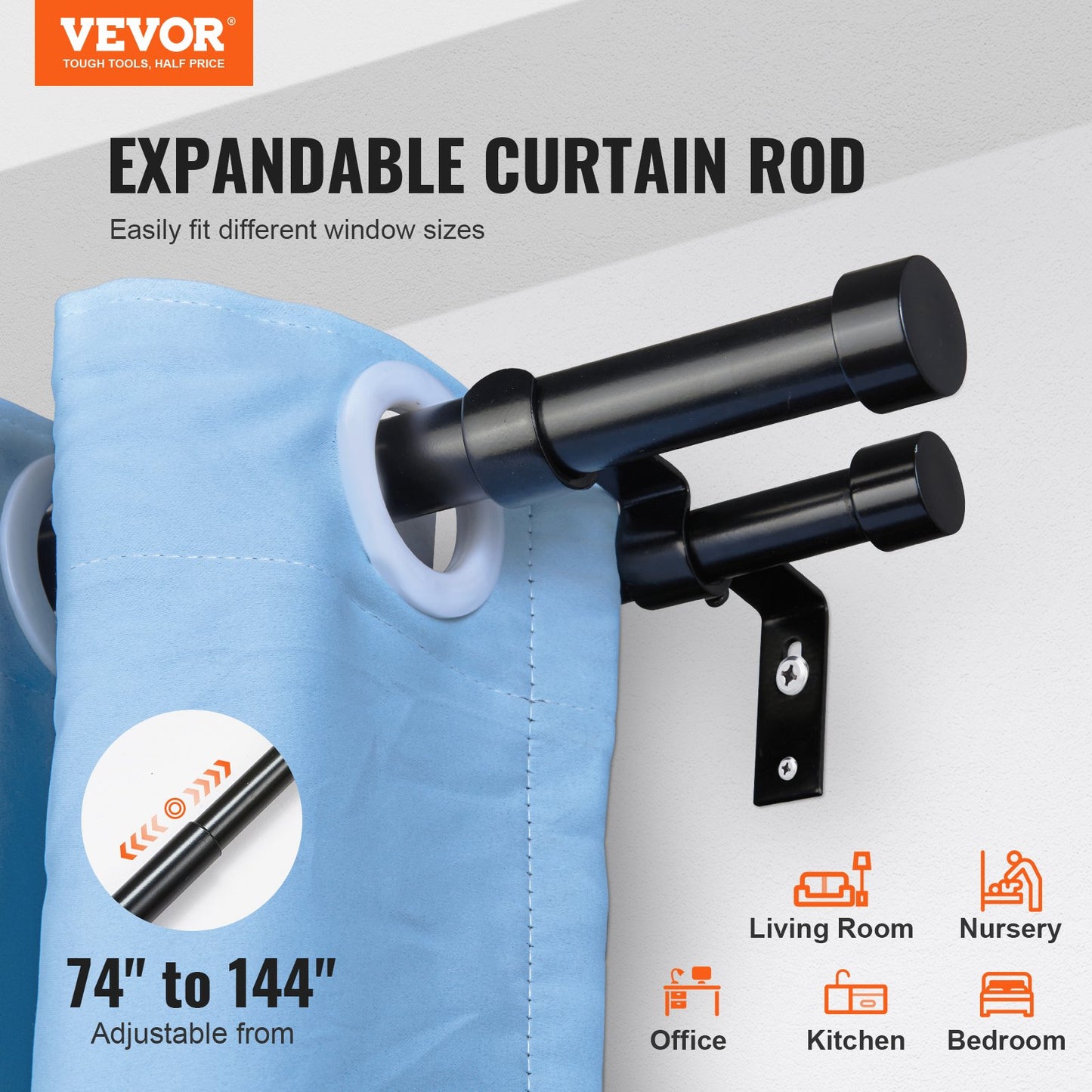 Double Rod Curtain Rods, 182.9-365.8 cm Adjustable Length, Black