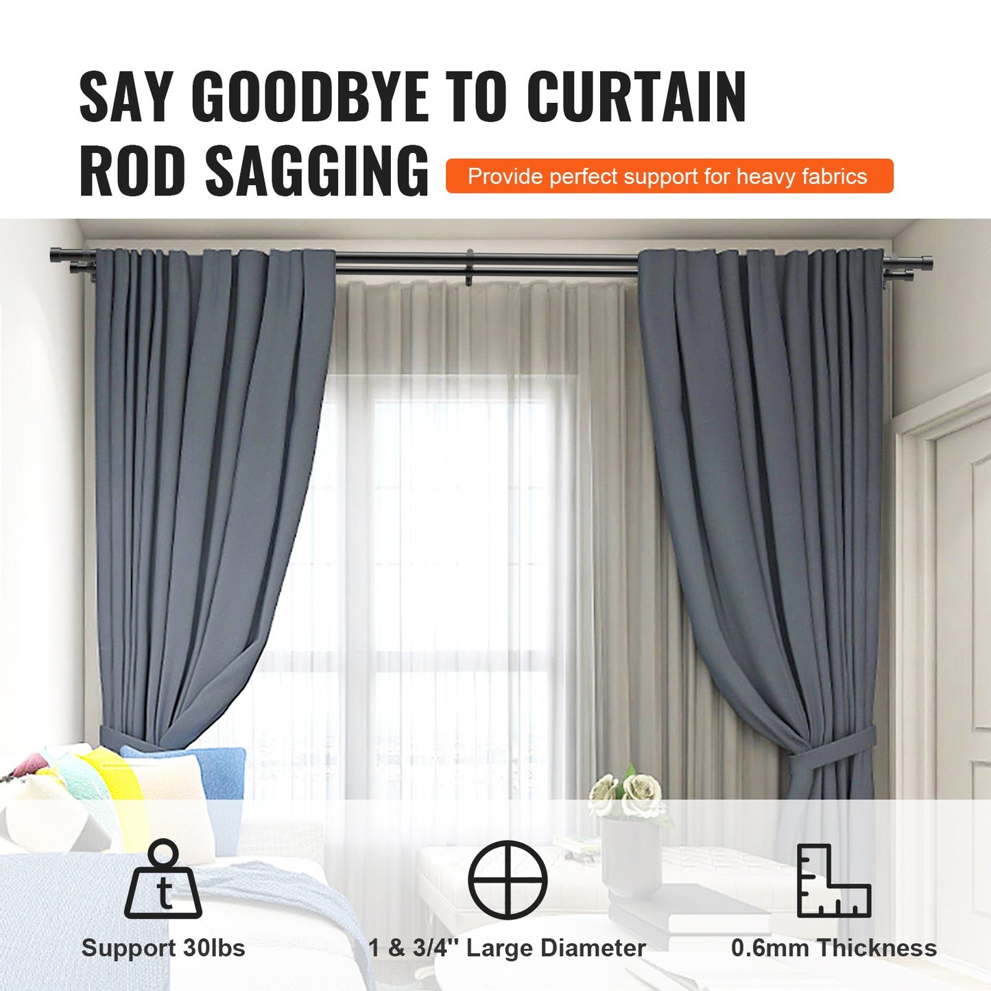 Double Rod Curtain Rods, 182.9-365.8 cm Adjustable Length, Black