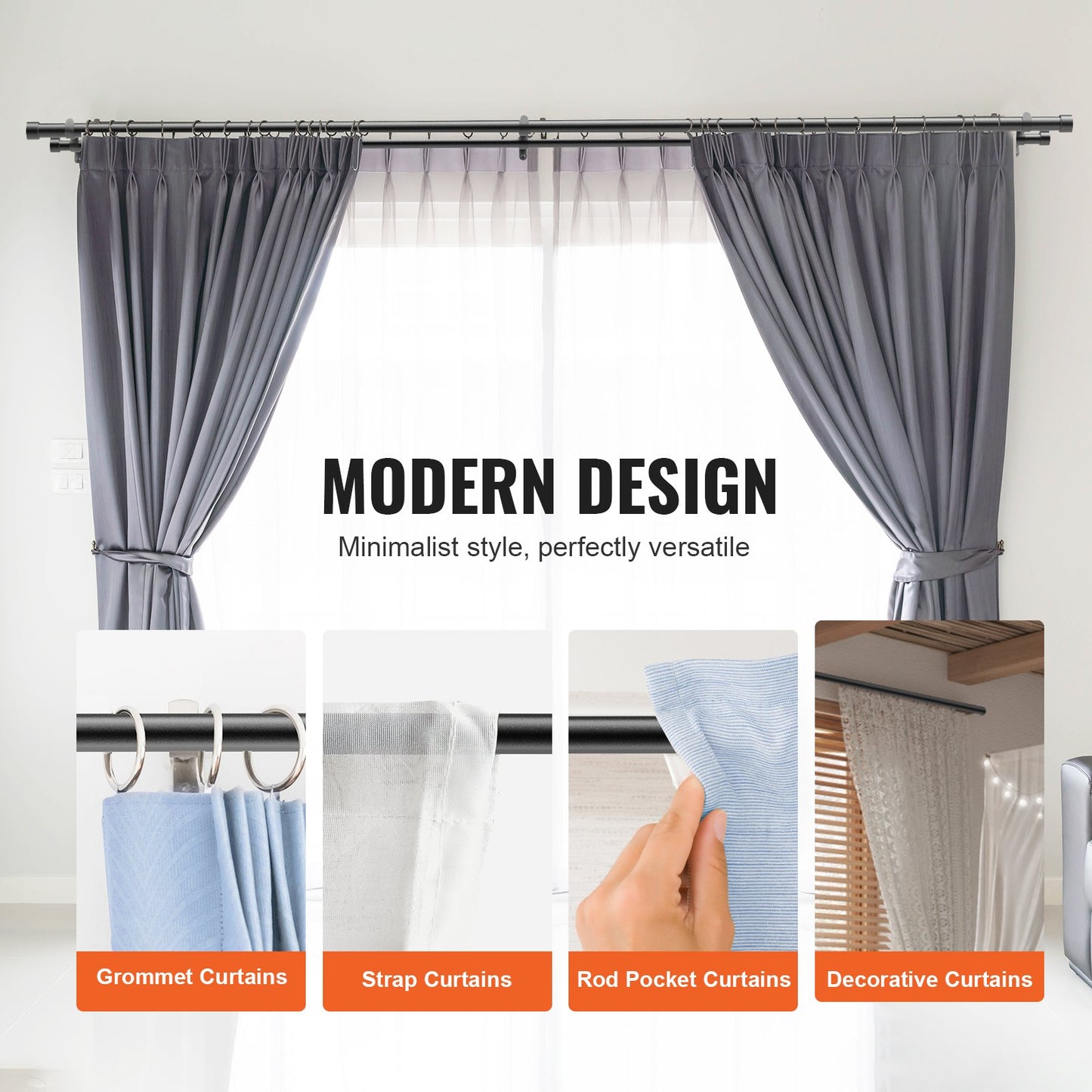 Double Rod Curtain Rods, 182.9-365.8 cm Adjustable Length, Black