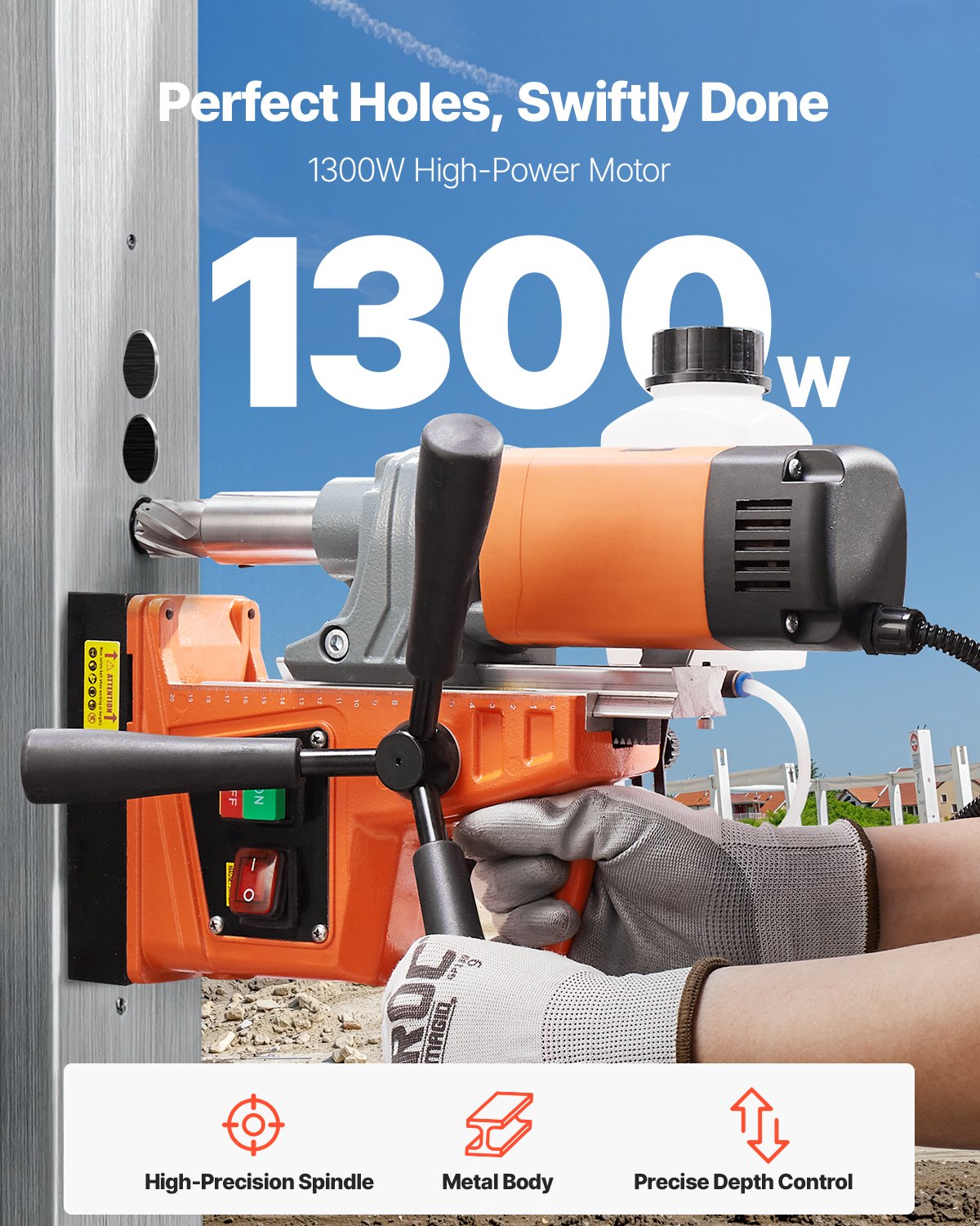 Magnetic Drill, 1300W Motor 1.6 in Boring Diameter, 2810 lbf Portable