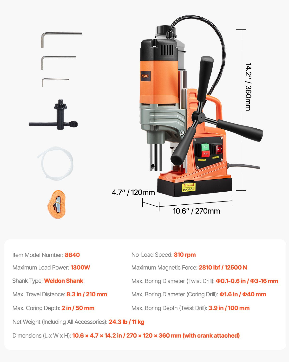Magnetic Drill, 1300W Motor 1.6 in Boring Diameter, 2810 lbf Portable