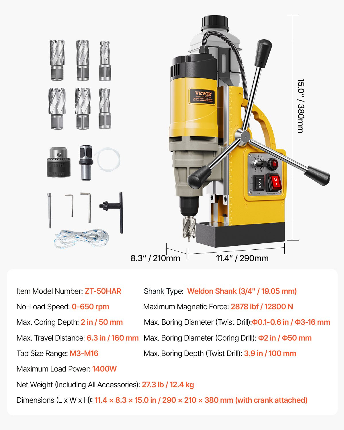 VEVOR Magnetic Drill, 1400W Motor 2 in Boring Diameter, 2878 lbf