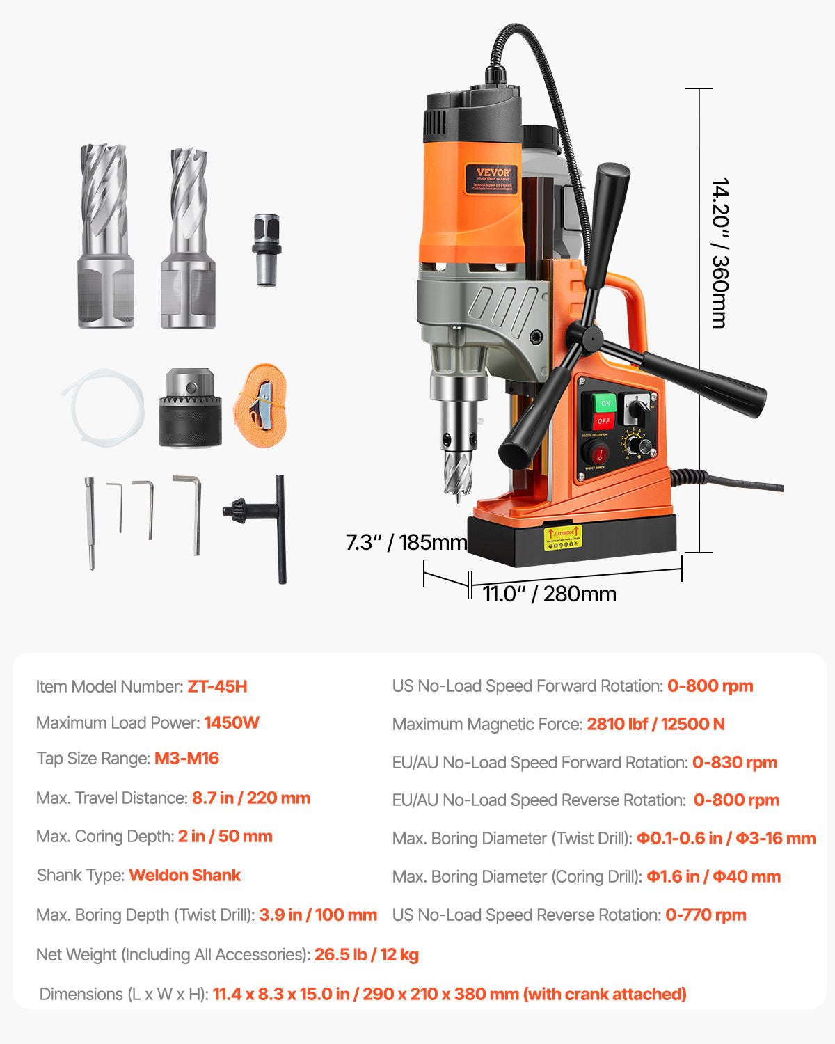 VEVOR Magnetic Drill, 1450W Motor 1.6 in Boring Diameter, 2810 lbf