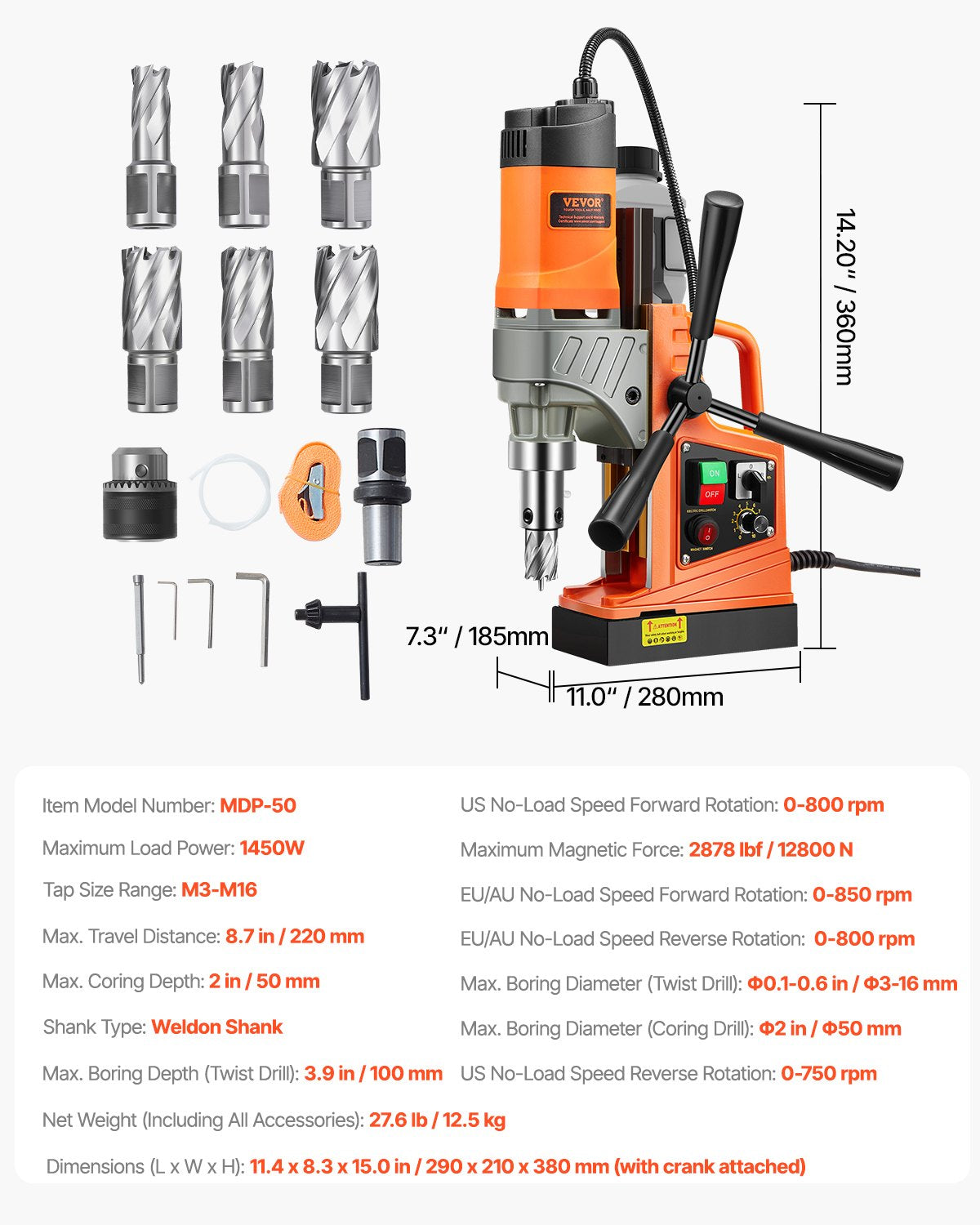 Magnetic Drill, 1450W Motor 2 in Boring Diameter, 2878 lbf Portable
