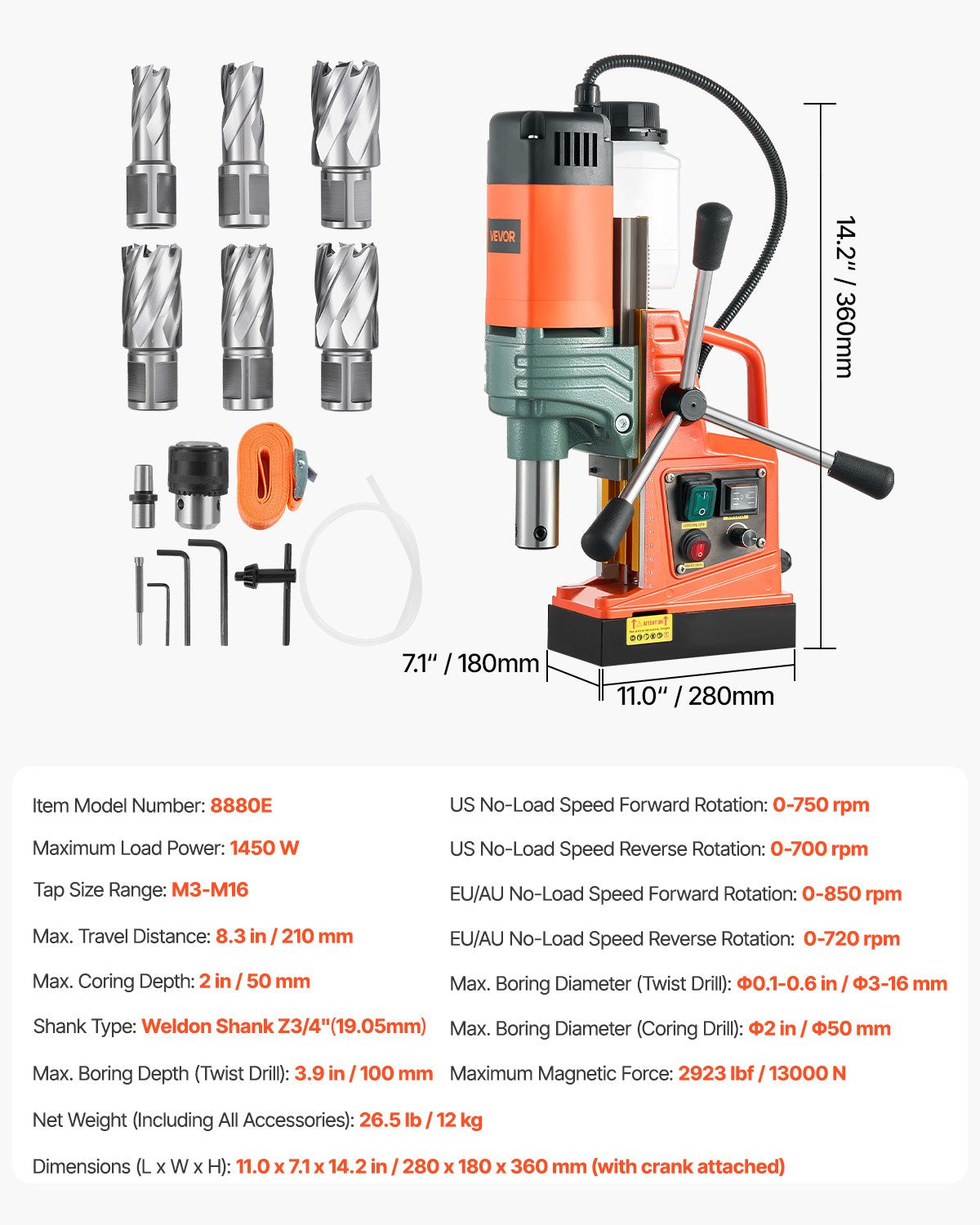 Magnetic Drill, 1450W Motor 50 mm Coring Diameter, 13000 N Magnetic