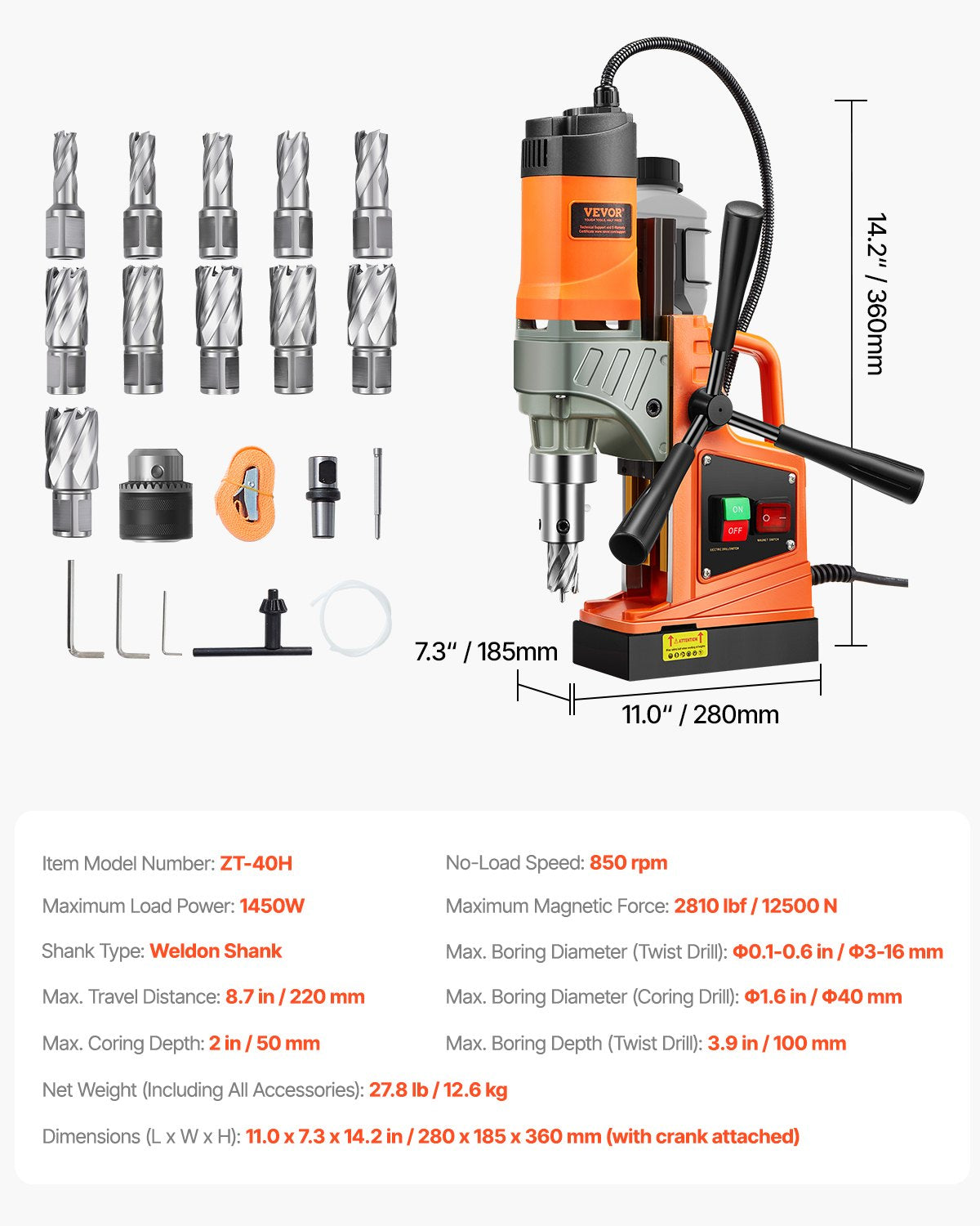 VEVOR Magnetic Drill, 1450W Motor 1.6 in Boring Diameter, 2810 lbf