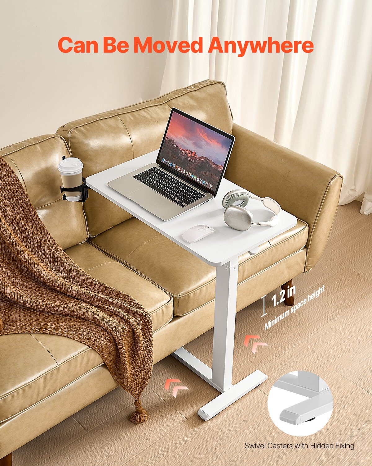 Overbed Table, Mobile Bed Side Table with 4 Hidden Wheels, Height