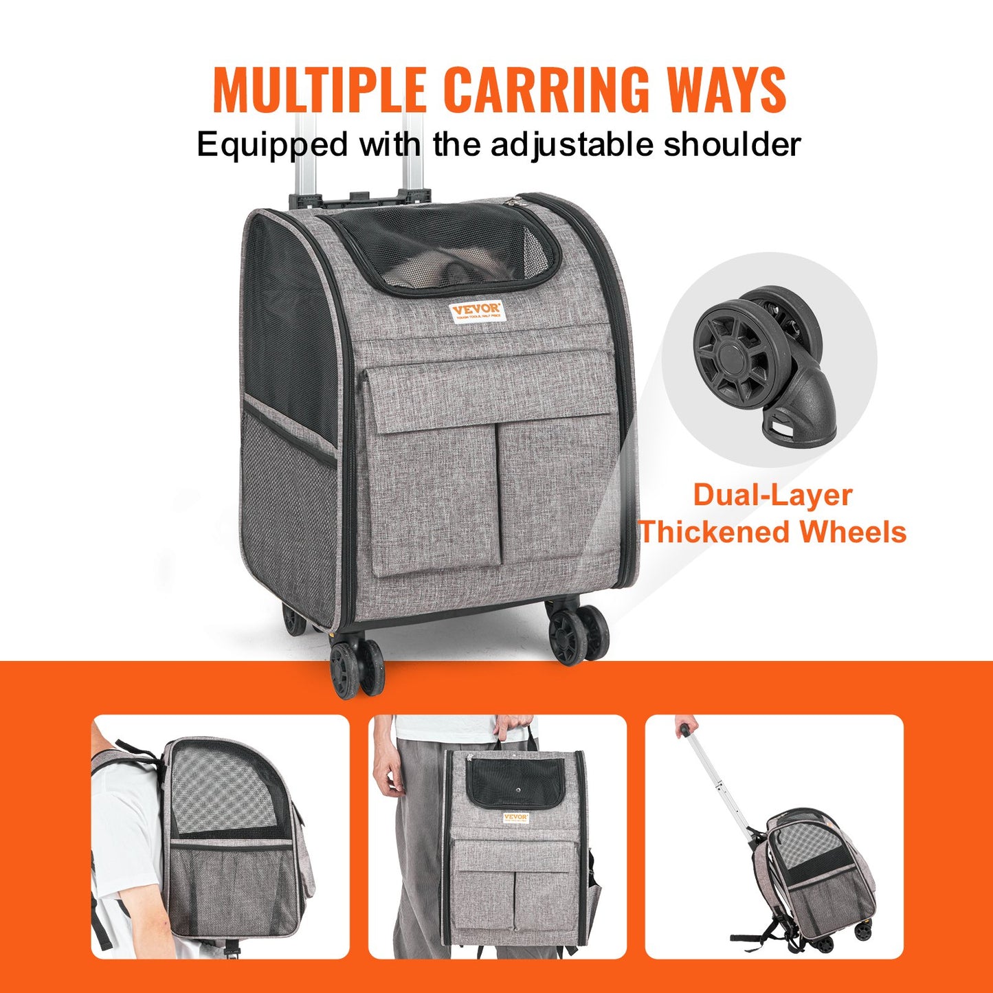 Cat Carrier with Wheels, Rolling Pet Carrier with Telescopic Handle