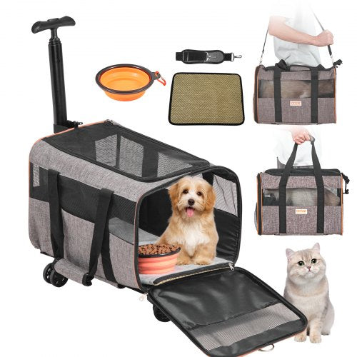Cat Carrier with Wheels, Airline Approved Rolling Pet Carrier with