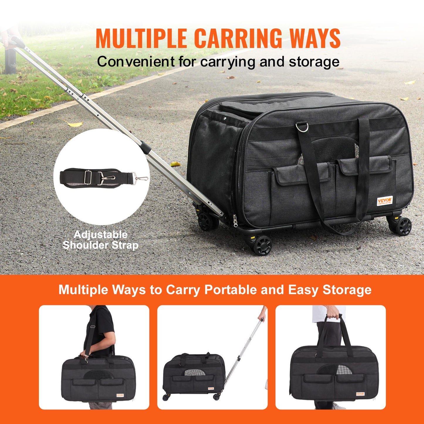 Cat Carrier with Wheels, Rolling Pet Carrier with Telescopic Handle