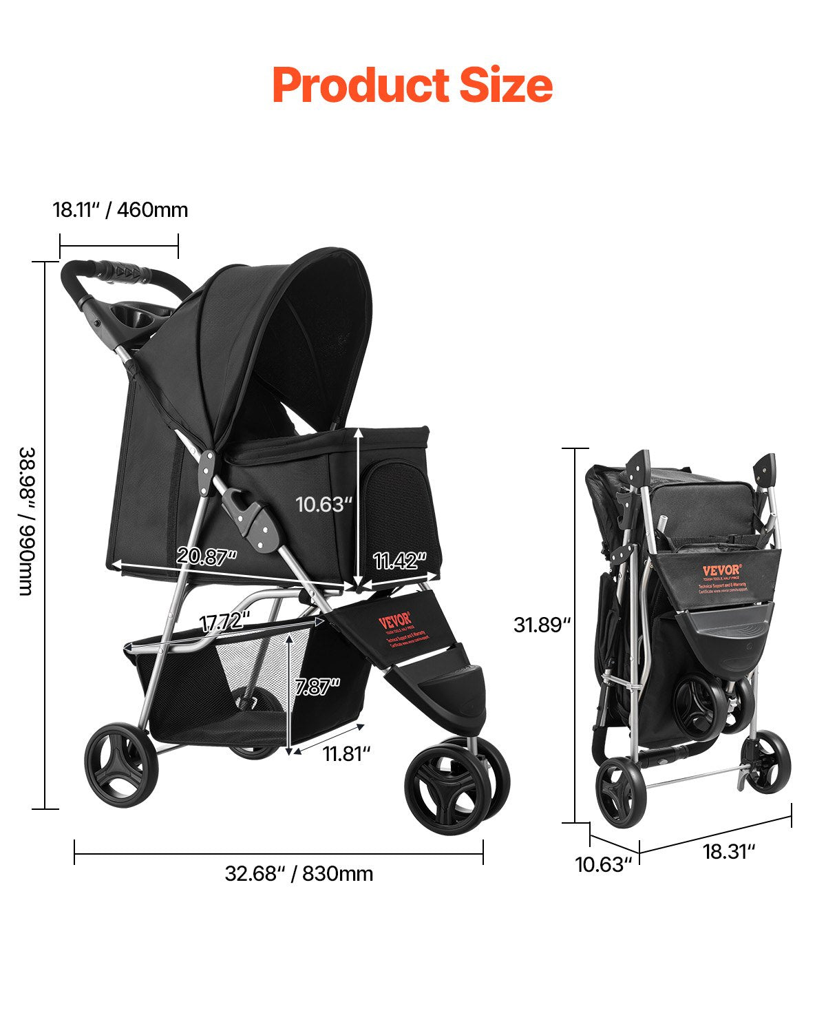 Pet Stroller, 35 lbs Weight Capacity, Foldable Dog Stroller Cart, 3
