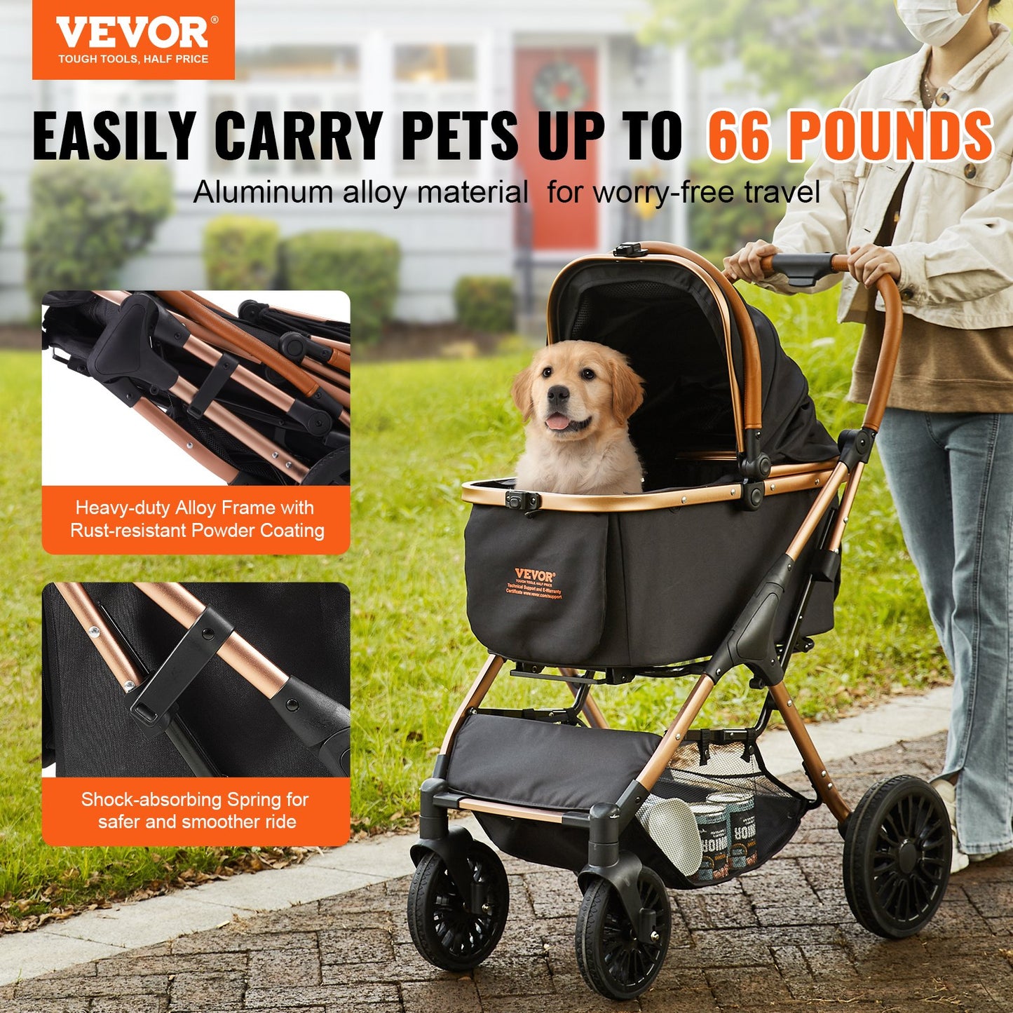 Pet Stroller, 4 Wheels Dog Stroller Rotate with Brakes, 29.9 kg Weight