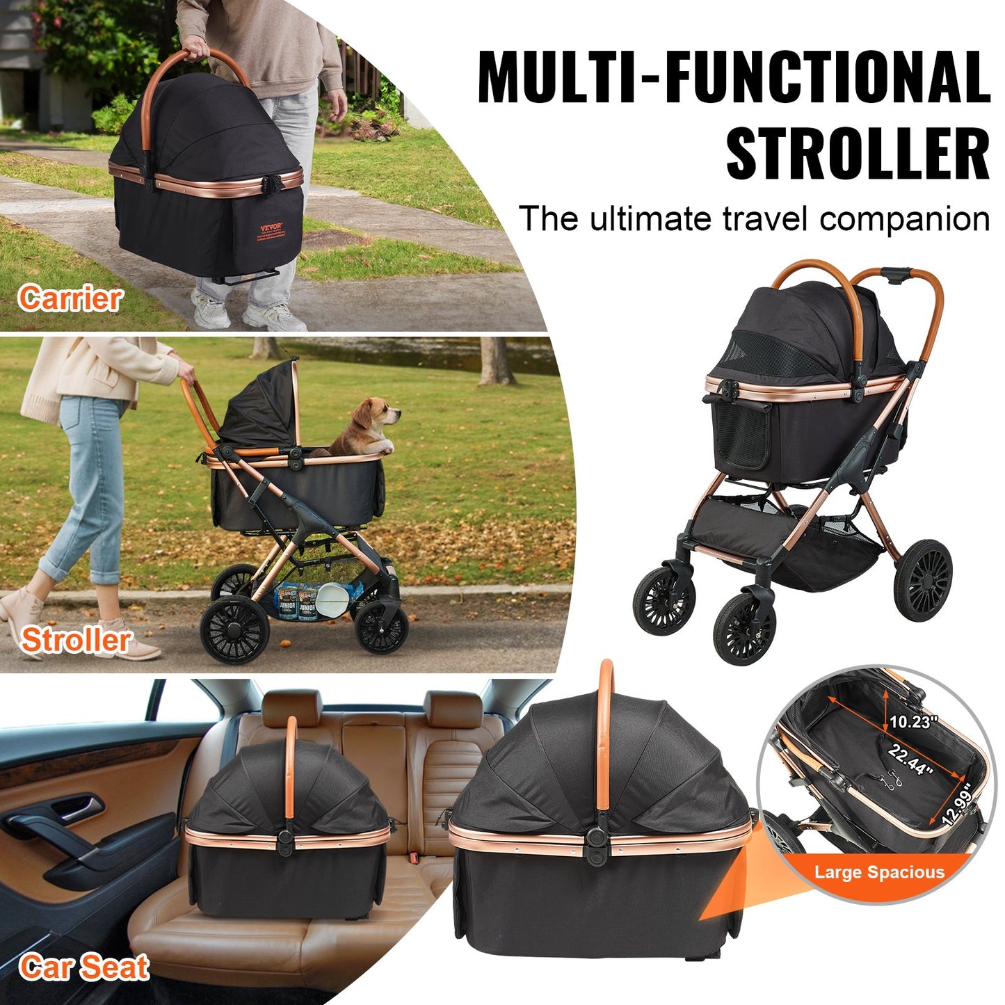 Pet Stroller, 4 Wheels Dog Stroller Rotate with Brakes, 29.9 kg Weight