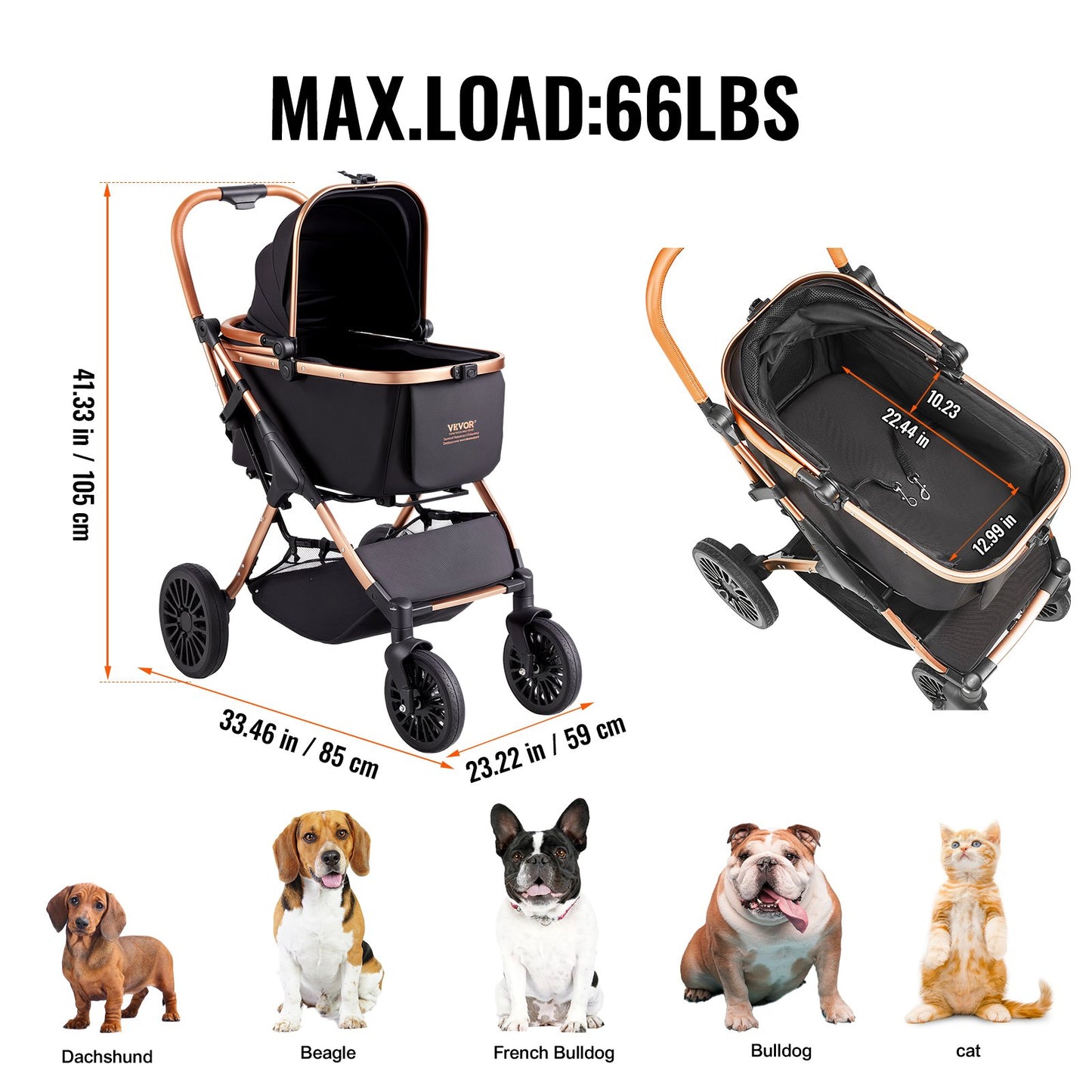 Pet Stroller, 4 Wheels Dog Stroller Rotate with Brakes, 29.9 kg Weight