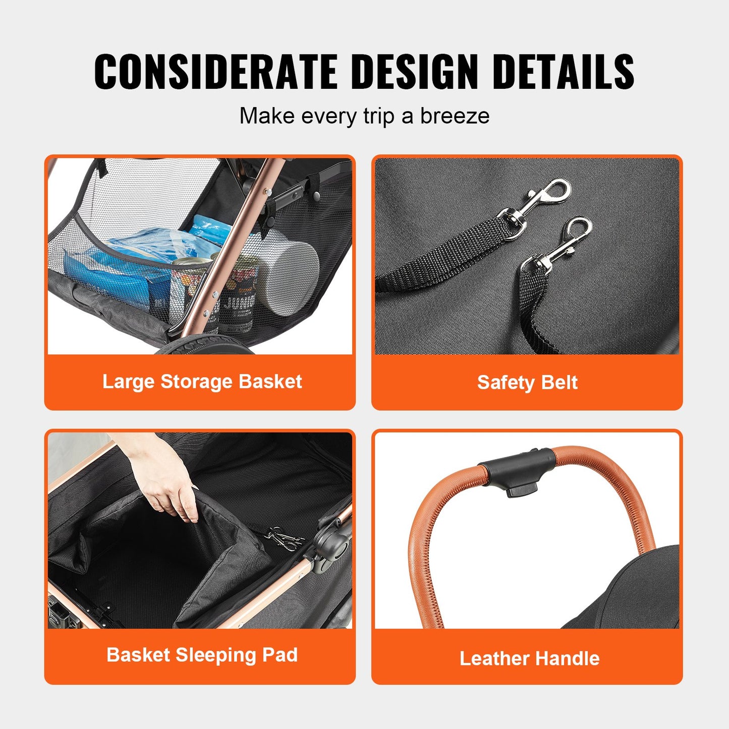 Pet Stroller, 4 Wheels Dog Stroller Rotate with Brakes, 29.9 kg Weight