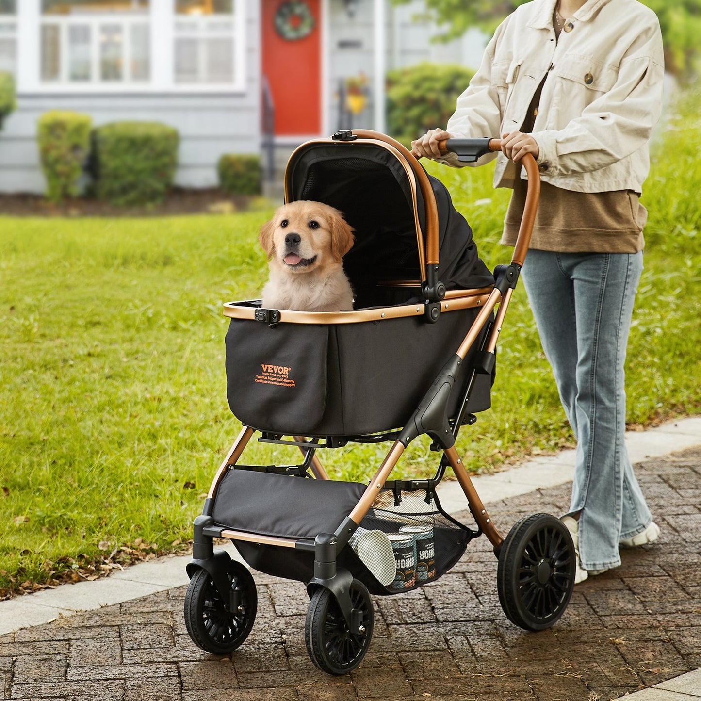 Pet Stroller, 4 Wheels Dog Stroller Rotate with Brakes, 29.9 kg Weight