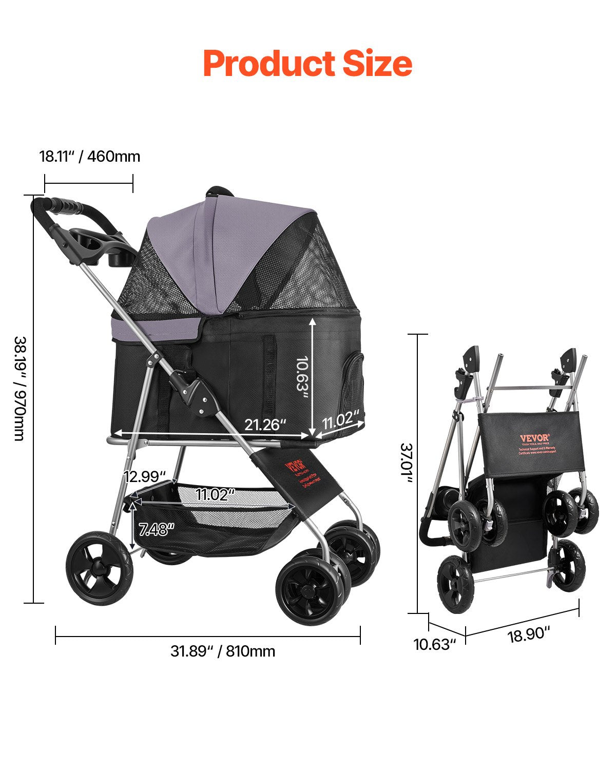 VEVOR Pet Stroller, 35 lbs Weight Capacity, Foldable Dog Stroller
