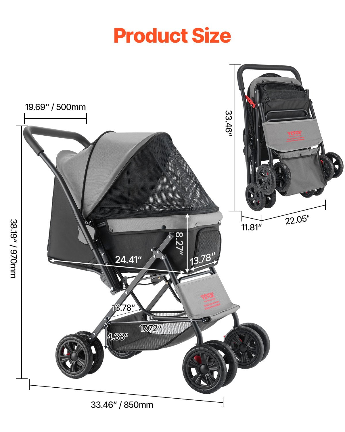 Pet Stroller, 44 lbs Weight Capacity, Foldable Dog Stroller Cart, 4