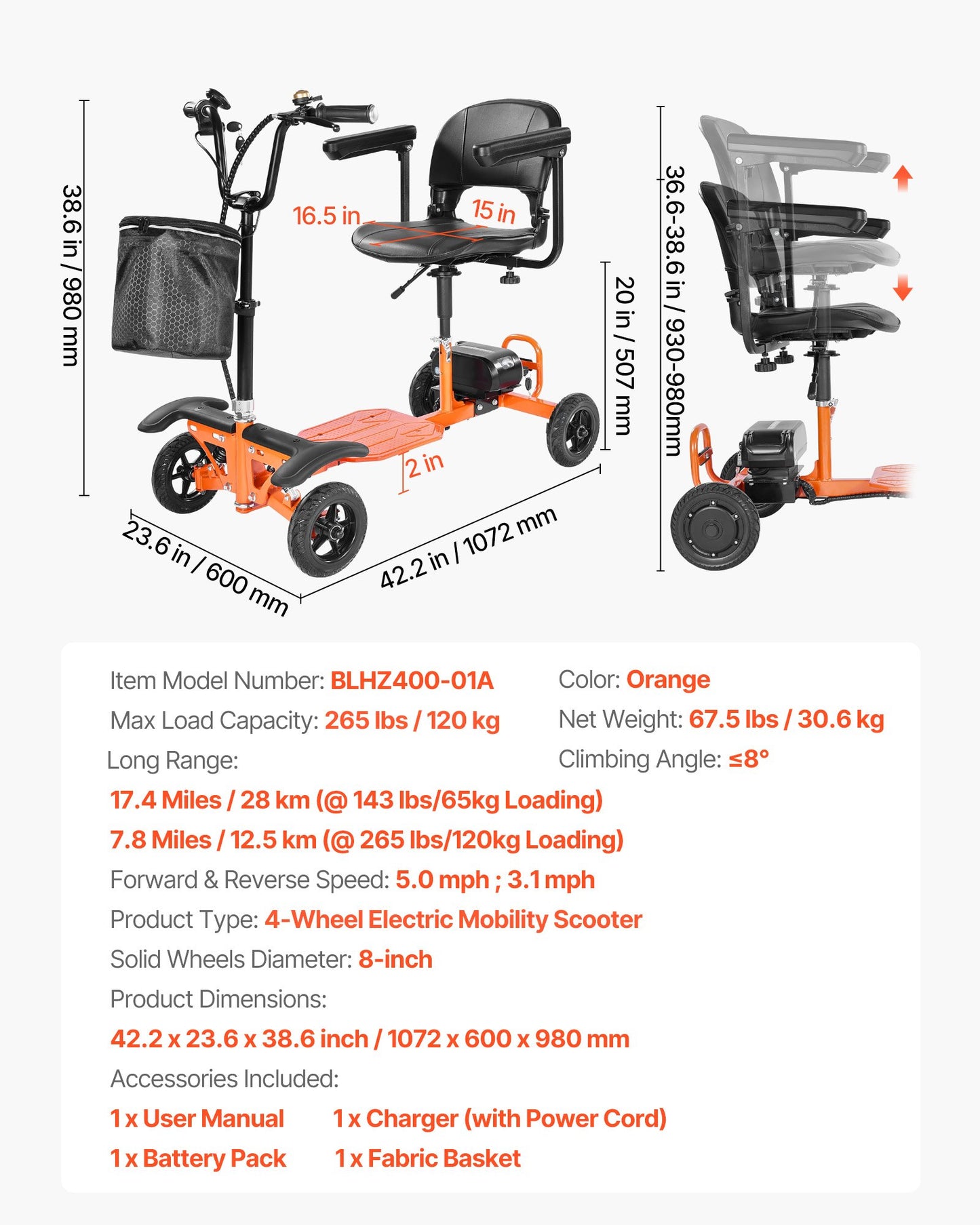 4-Wheel Folding Mobility Scooter for Adults & Seniors, 120kg Loading
