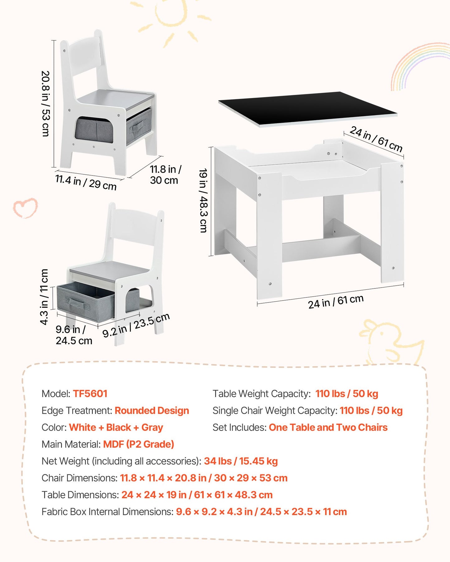Kids Table and 2 Chairs Set, Toddler Table and Chair Set with Storage