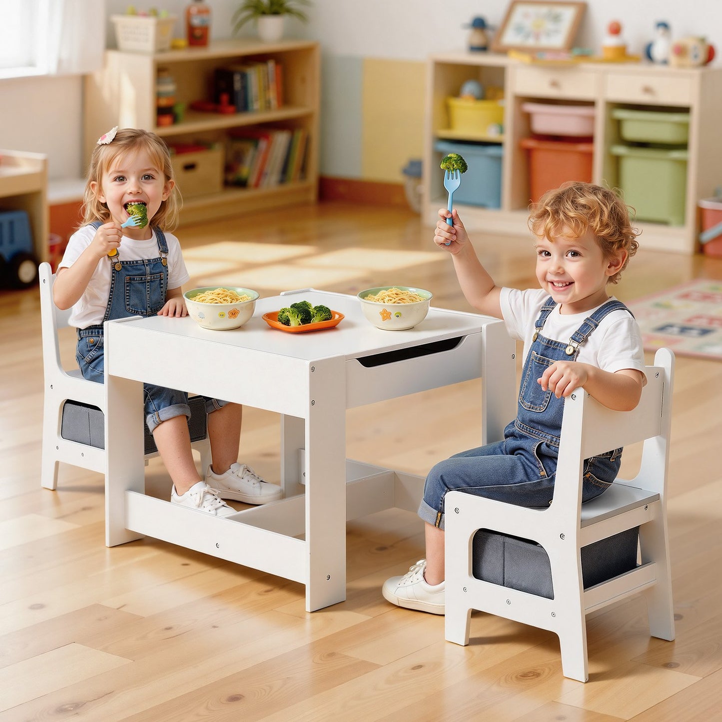 Kids Table and 2 Chairs Set, Toddler Table and Chair Set with Storage