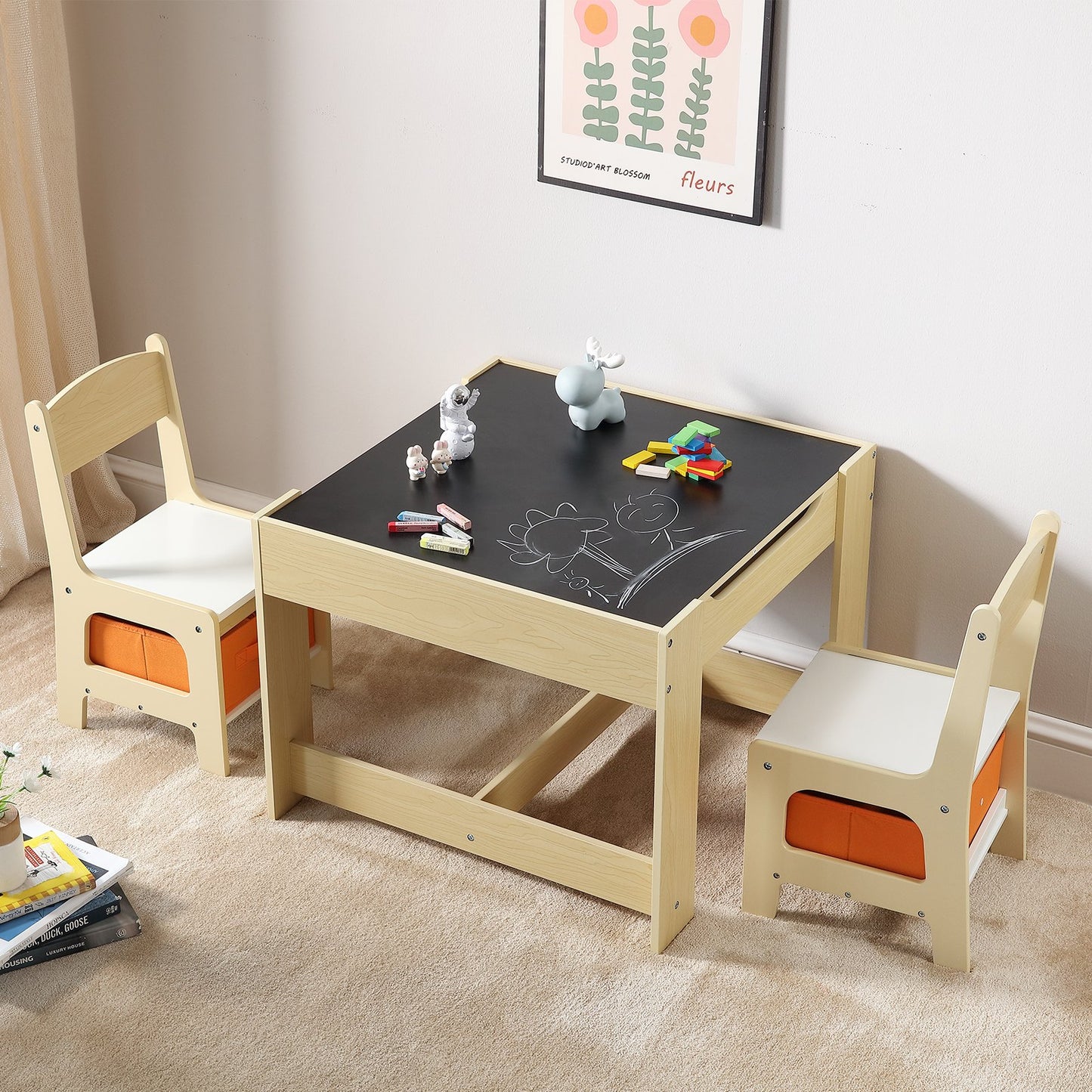 Kids Table and Chair Set, Wooden Activity Table with Storage Space and