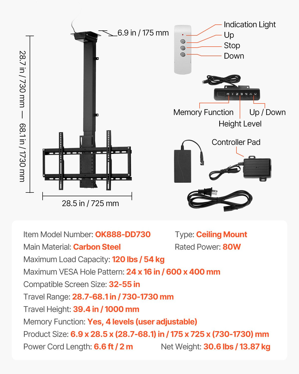 VEVOR Motorized Ceiling TV Mount, TV Wall Mount for 32 to 55 Inch TV,