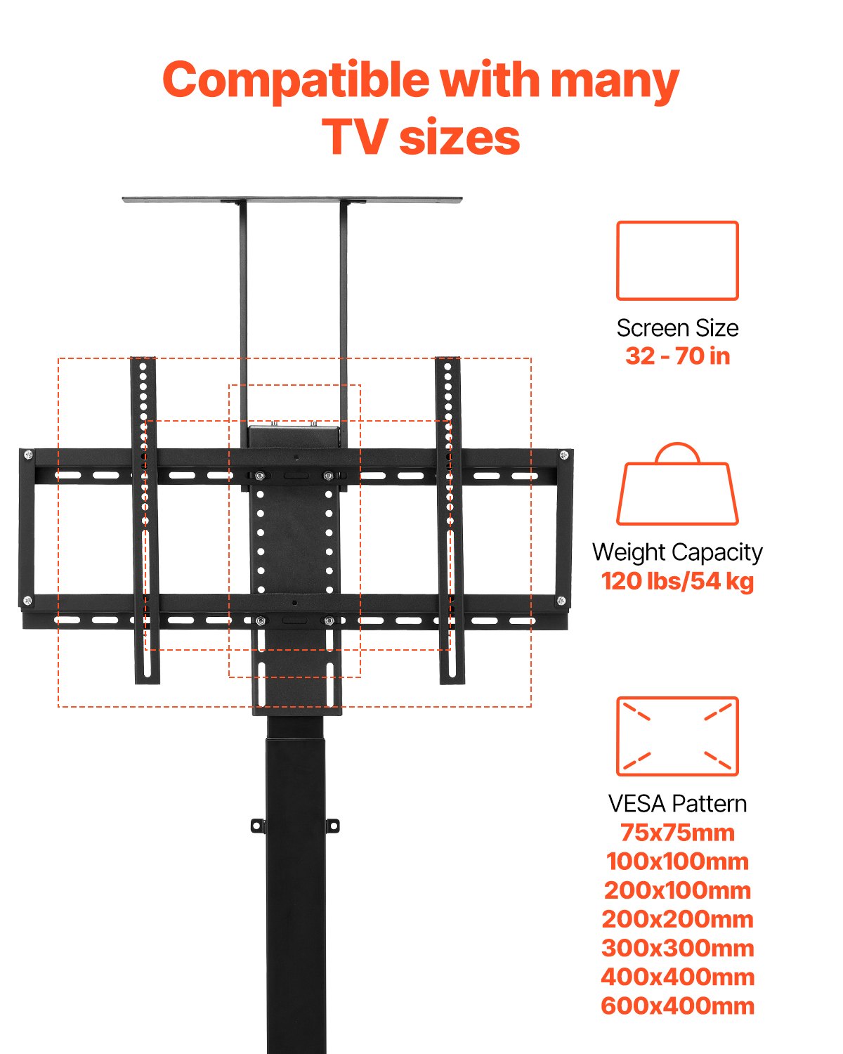 VEVOR Motorized TV Lift Stand, 32-70 Inch, 120 lbs Max Load, Floor
