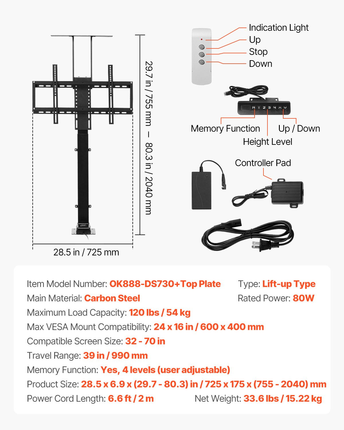 VEVOR Motorized TV Lift Stand, 32-70 Inch, 120 lbs Max Load, Floor