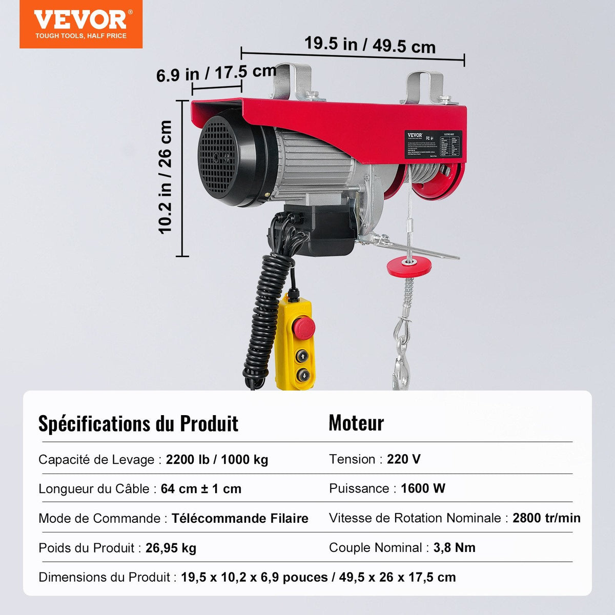 VEVOR Electric Hoist, 998 kg Lifting Capacity, 1600W 220V Electric