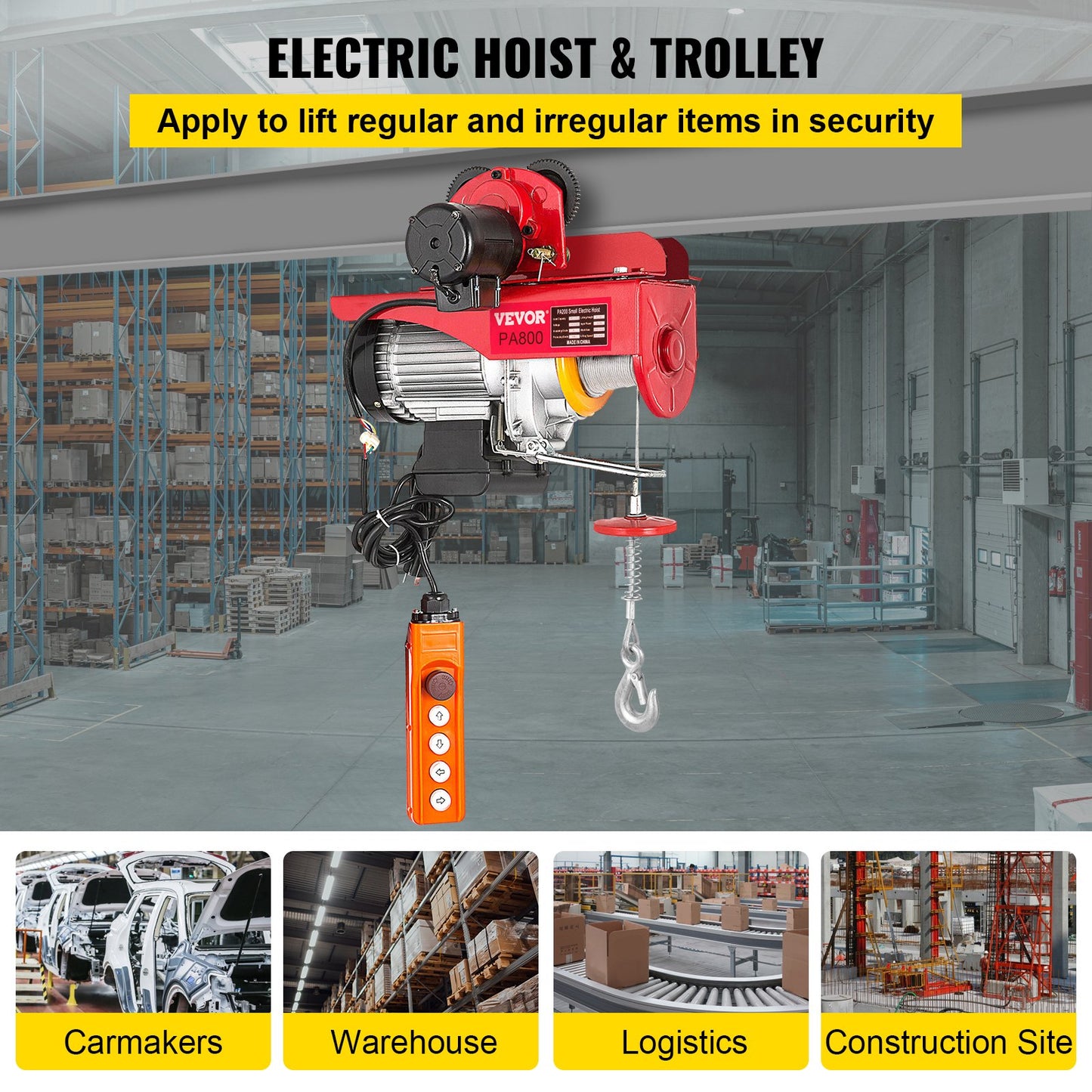 800Kg/1700Lbs Electric Trolley Hoist 1300W Electric Hoist Winch Double