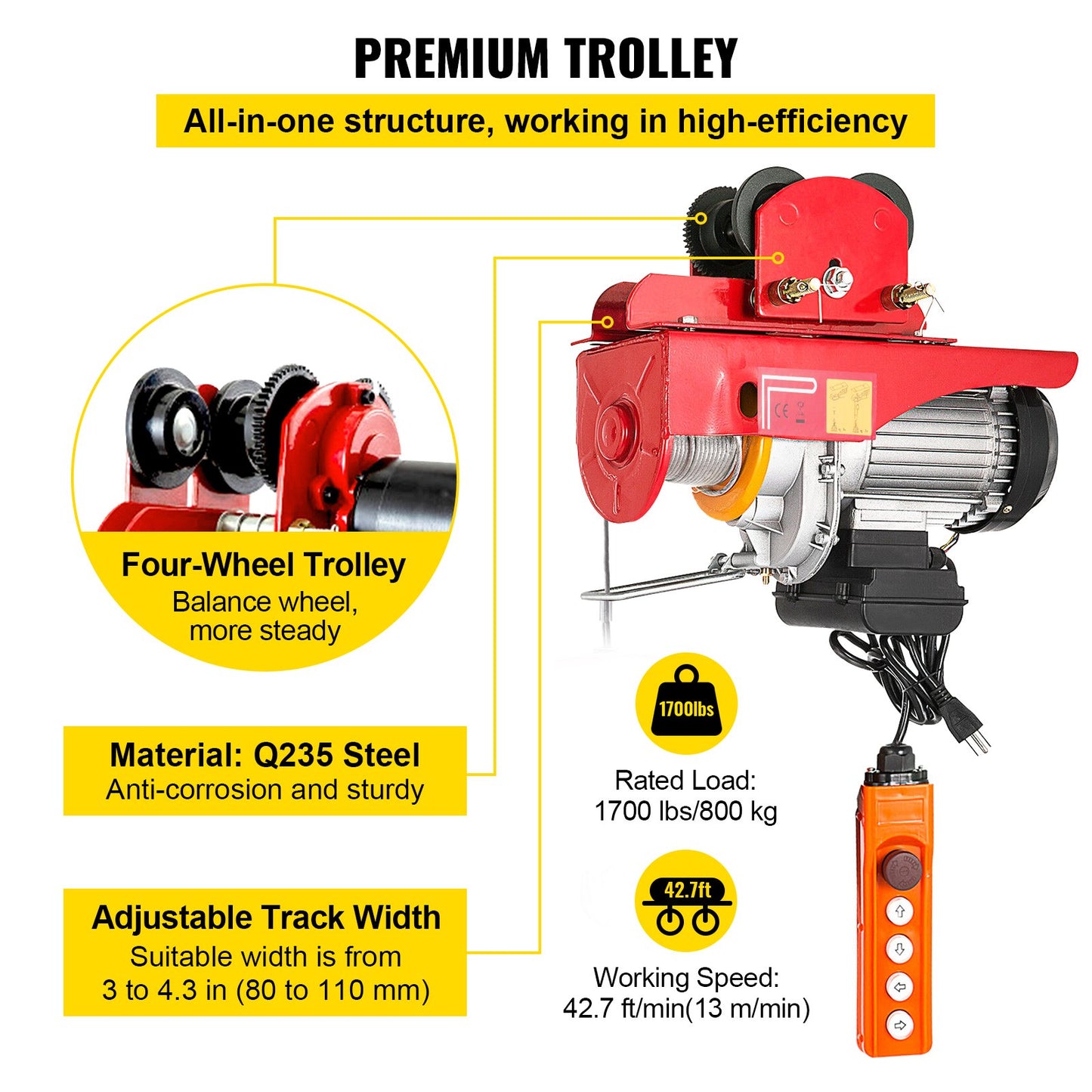 800Kg/1700Lbs Electric Trolley Hoist 1300W Electric Hoist Winch Double
