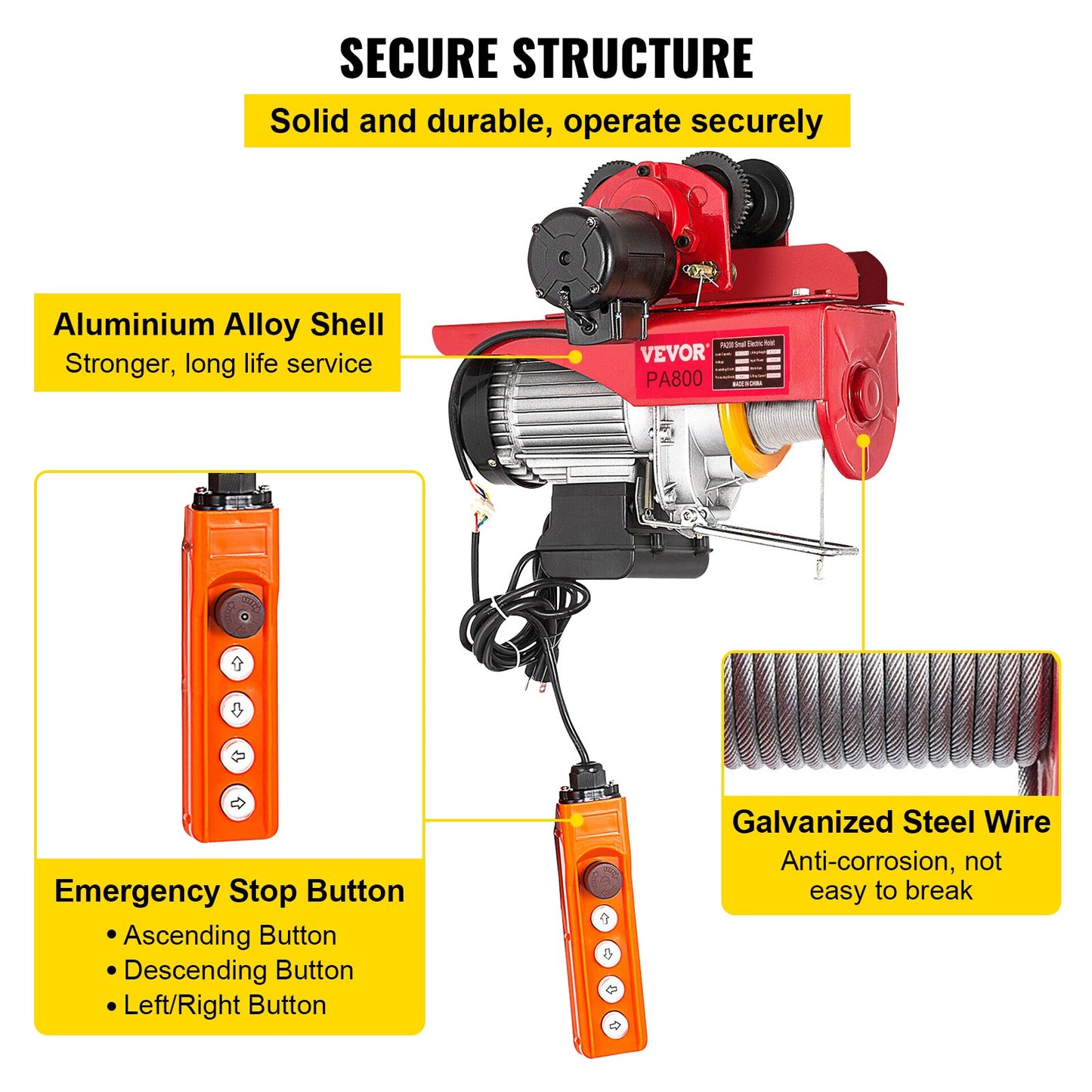 800Kg/1700Lbs Electric Trolley Hoist 1300W Electric Hoist Winch Double