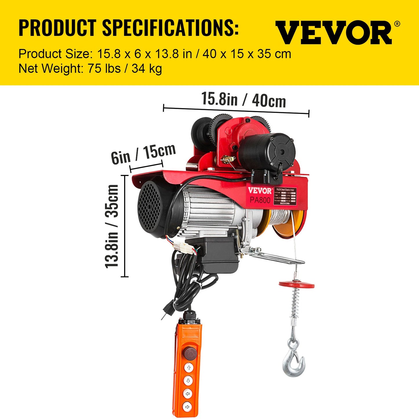 800Kg/1700Lbs Electric Trolley Hoist 1300W Electric Hoist Winch Double