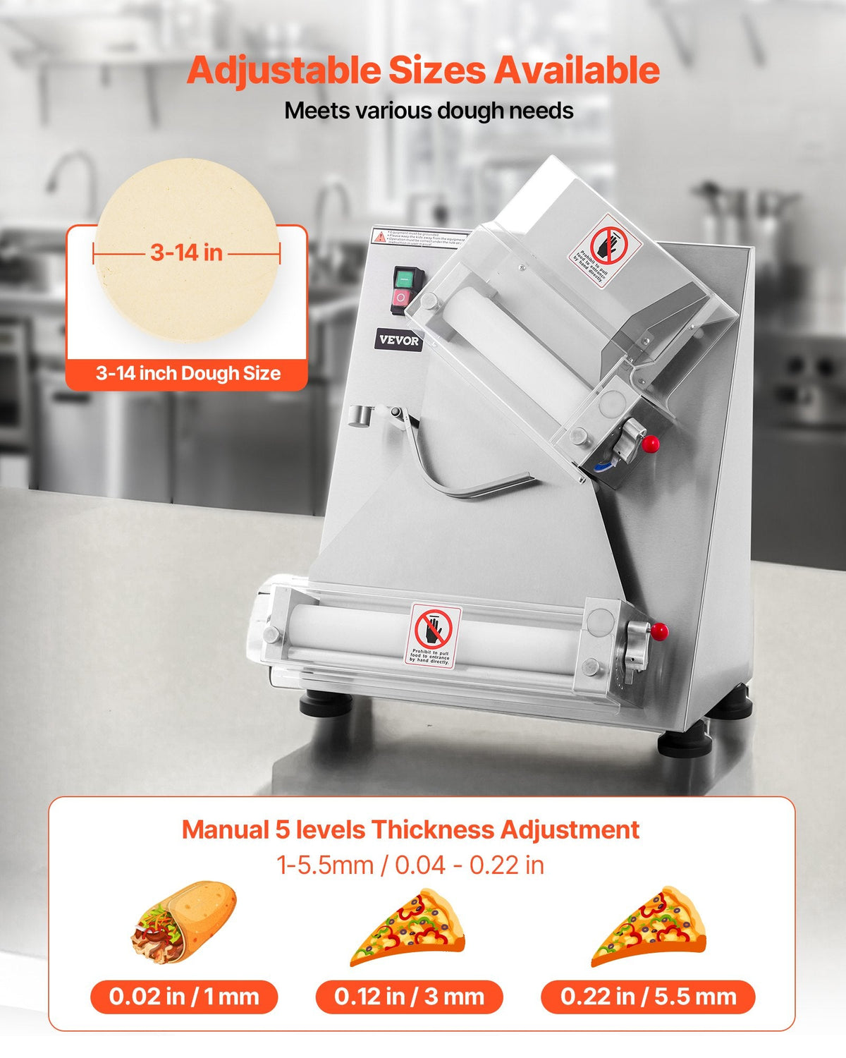 VEVOR Pizza Dough Roller Sheeter, 3-14 Inch Automatic Stainless Steel