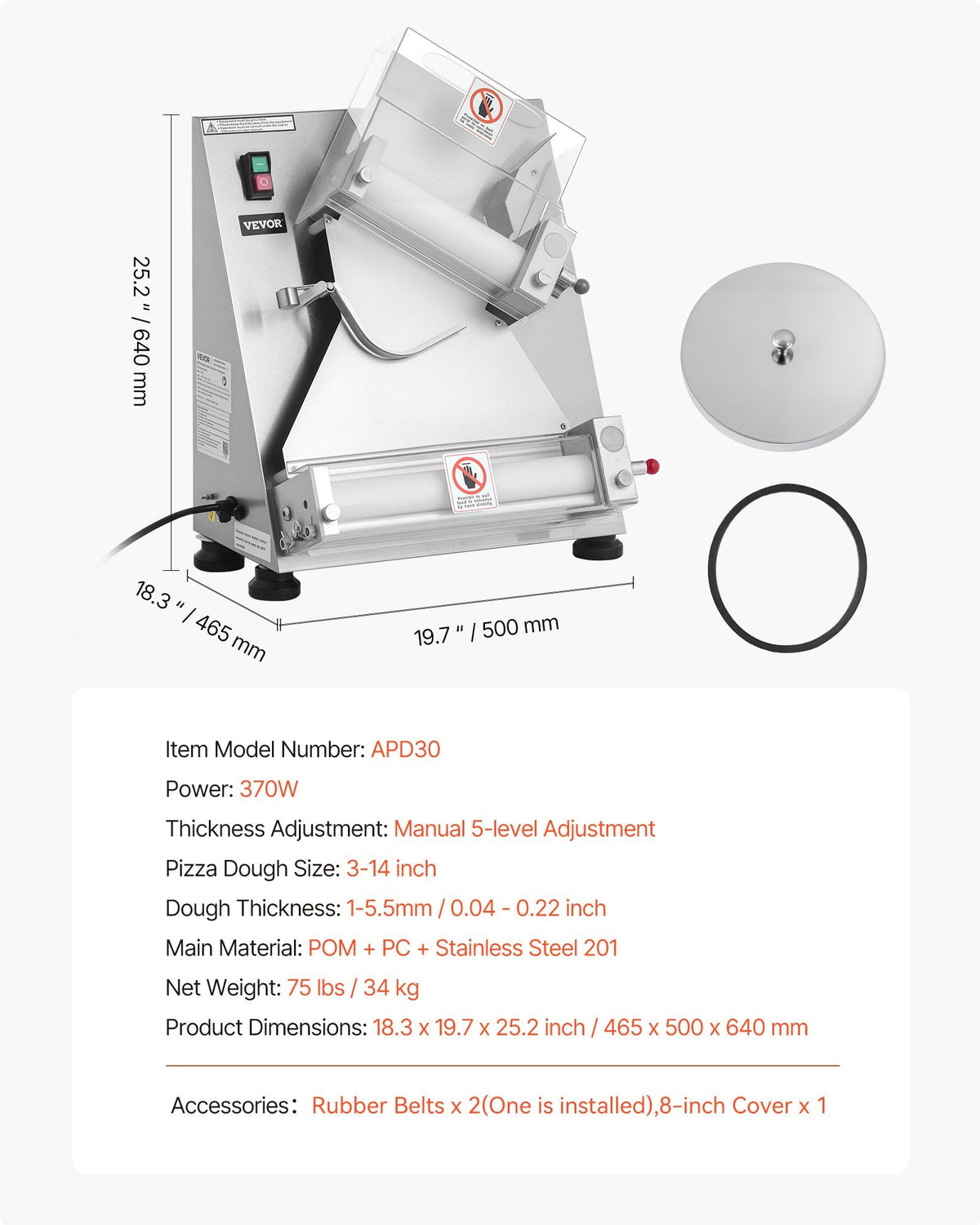 VEVOR Pizza Dough Roller Sheeter, 3-14 Inch Automatic Stainless Steel