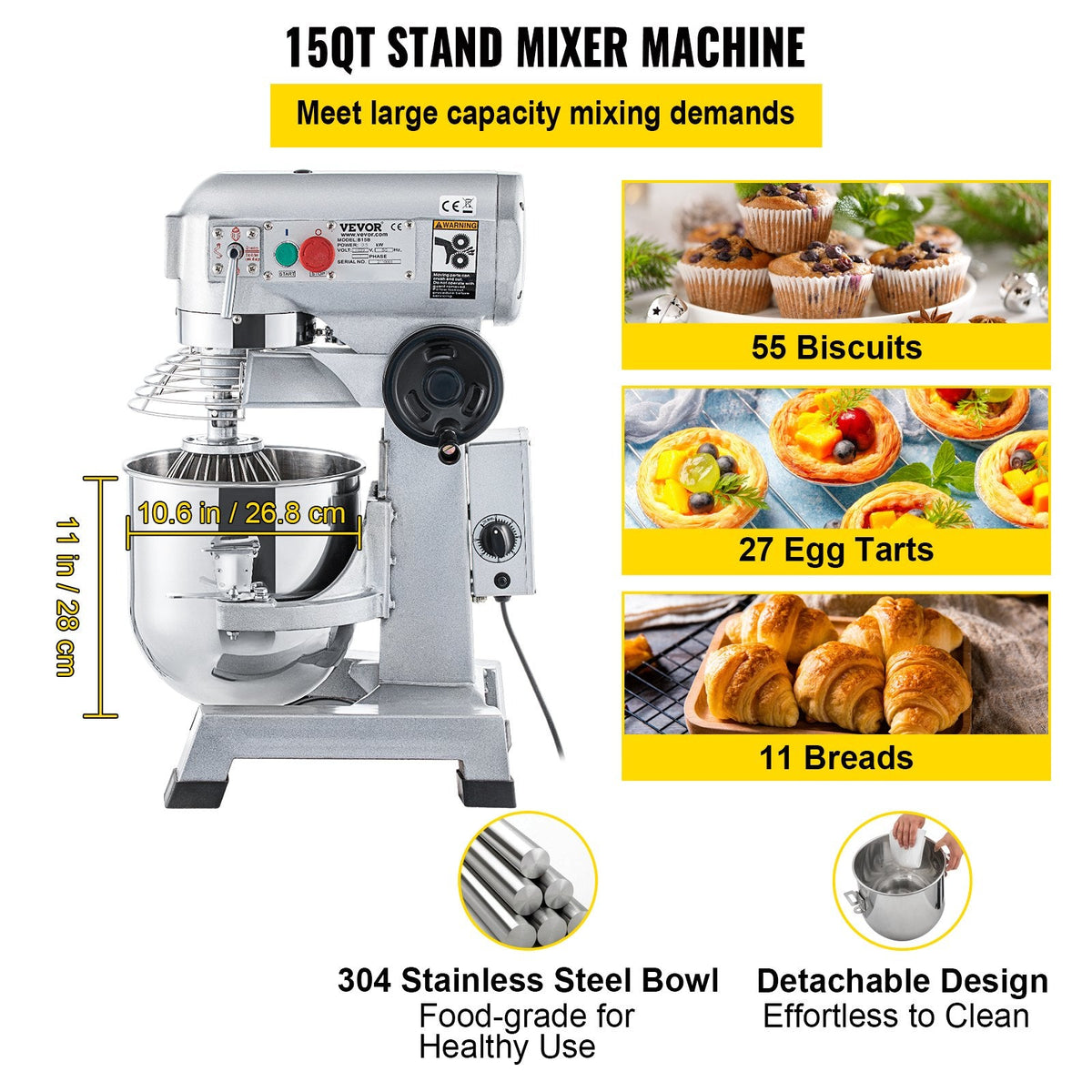 VEVOR Commercial Stand Mixer, 14.2 L Stainless Steel Bowl, 850W Heavy