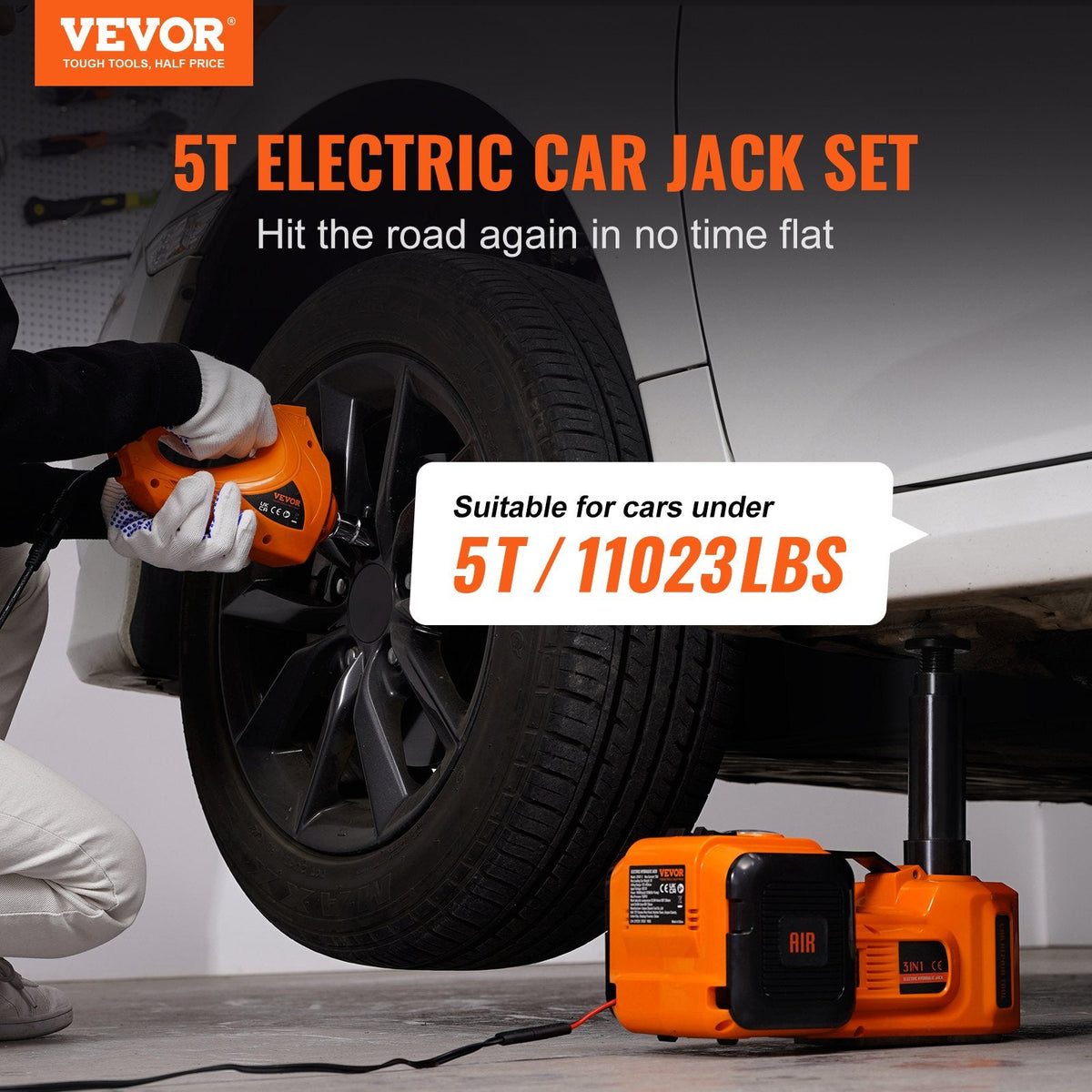 VEVOR Electric Hydraulic Car Floor Jack 5 Ton 12V w/Impact Wrench