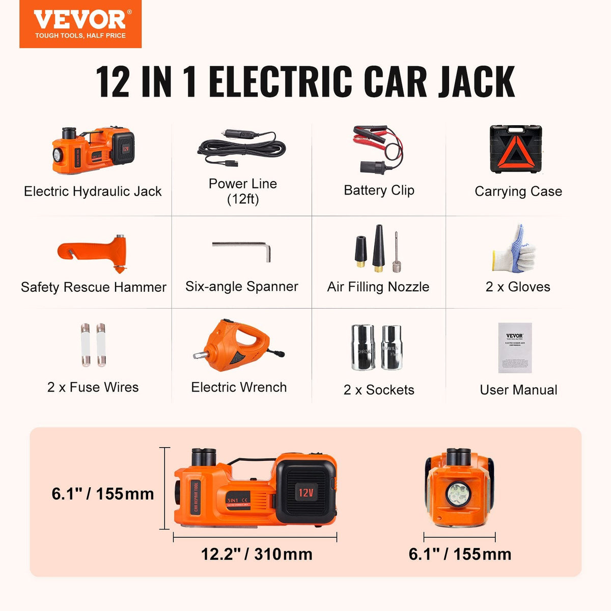 VEVOR Electric Hydraulic Car Floor Jack 5 Ton 12V w/Impact Wrench